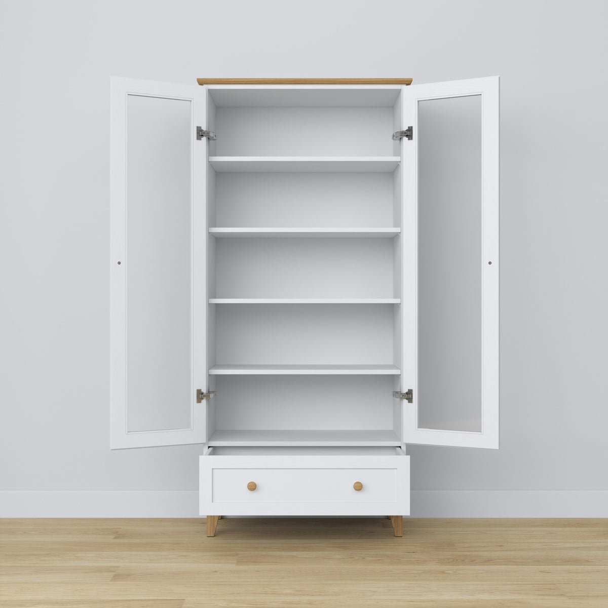 Vitrine 1S 90 Weiß mit Eiche – Glastüren, Scharniere, Holz, Nizio