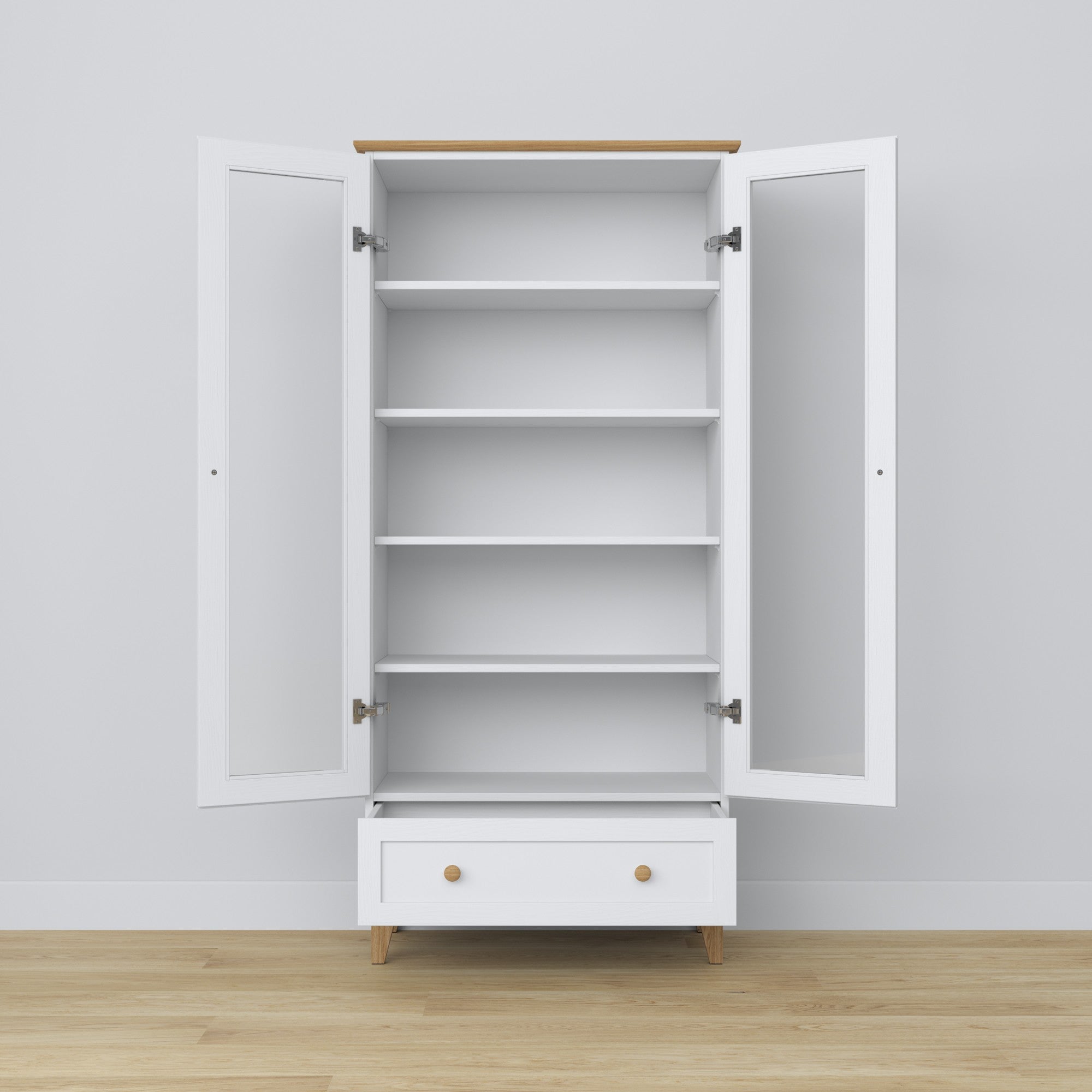 Vitrine 1S 90 Weiß mit Eiche – Glastüren, Scharniere, Holz, Nizio