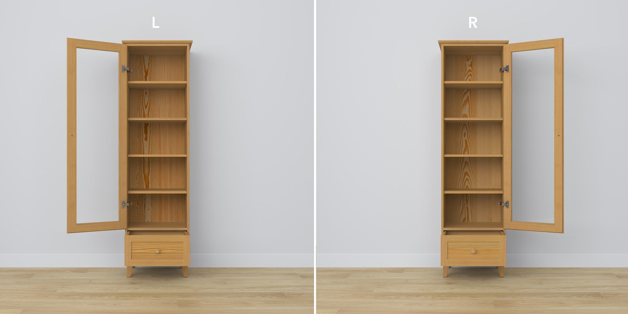 Display cabinet 1S pine natural pine – open doors, shelves and drawer inside