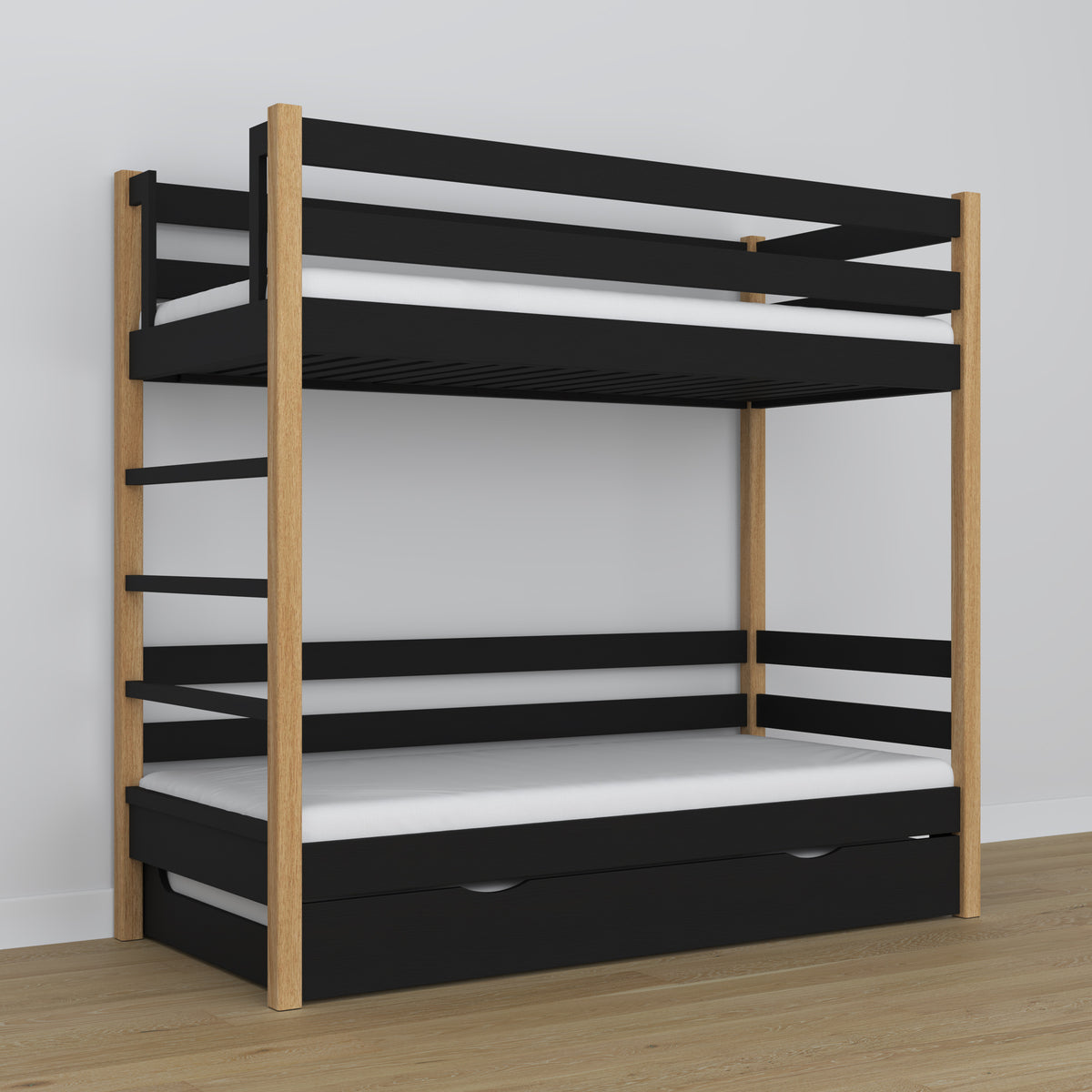 Hochbett mit Schublade für Matratze Schwarz-Eiche aus Holz – Massivholz, scandi Stil
