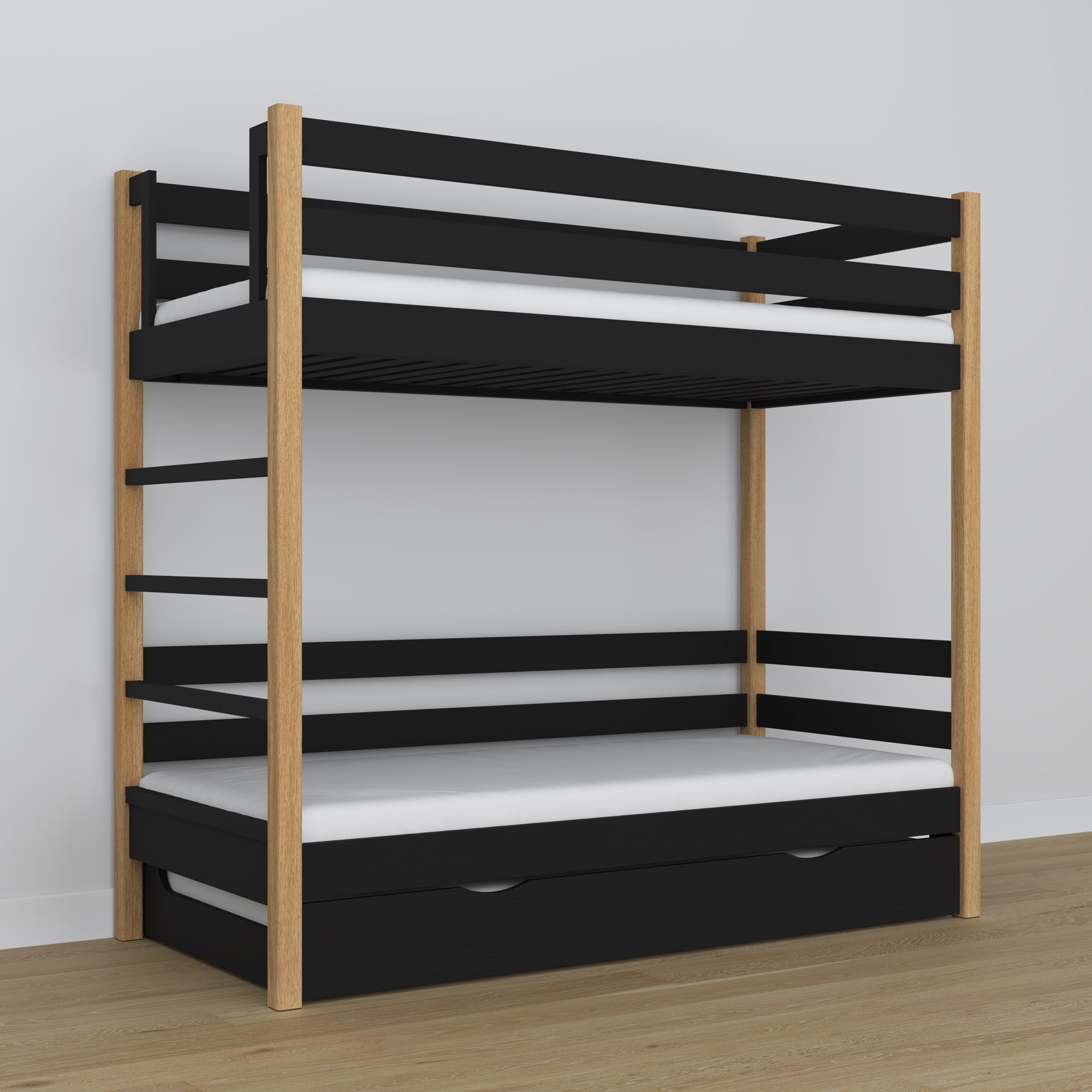 Hochbett mit Schublade für Matratze Schwarz-Eiche aus Holz – Massivholz, scandi Stil