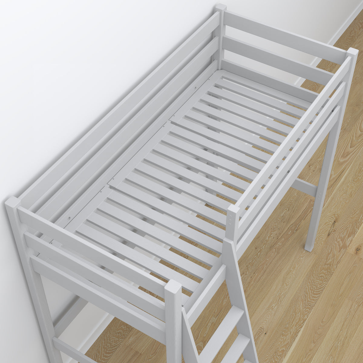 Grey Wooden Loft Bed with Desk – Ladder and Joint Details
