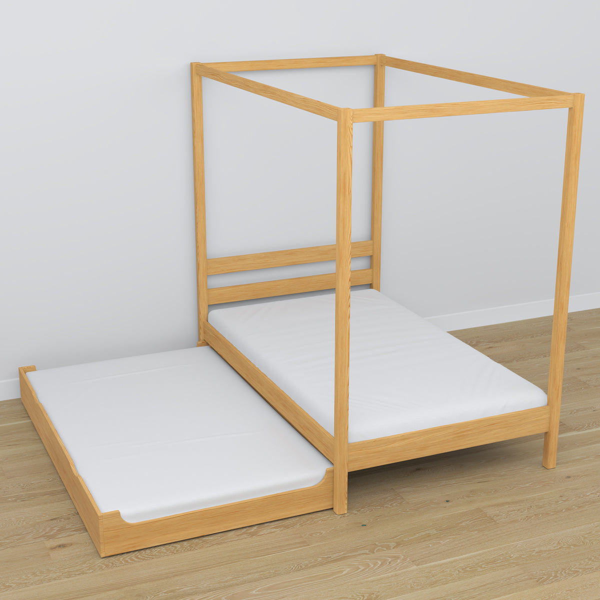 Himmelbett aus Holz Kiefer natur – ausgezogene Schublade, Gästeschlafplatz