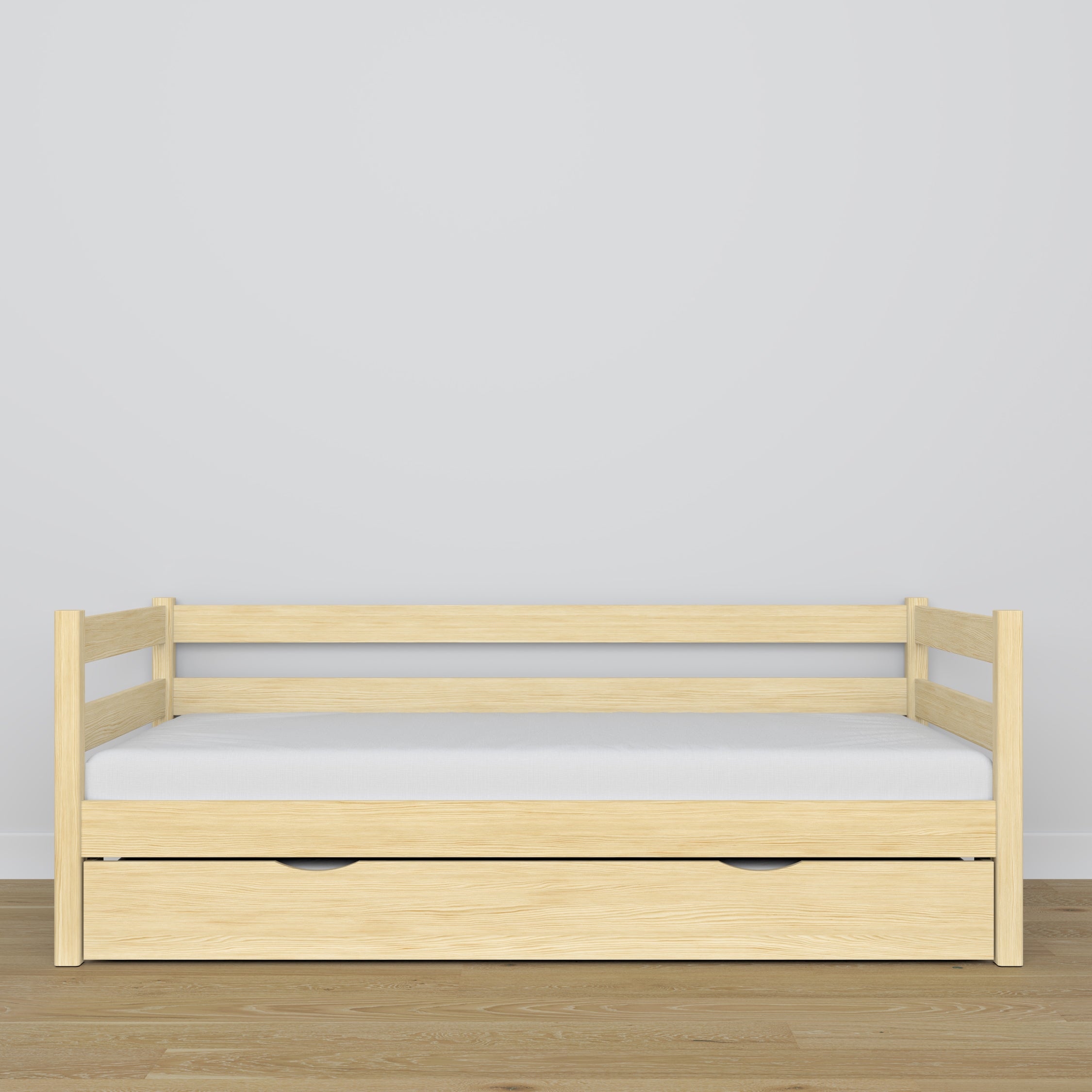 Clear pine sofa bed with mattress drawer made of wood – dimensions, Nizio