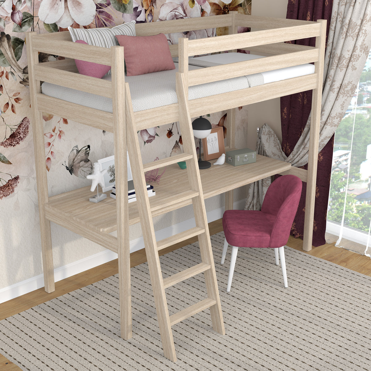 Loft bed bleached oak – oak desk under the sleeping area, scandi children’s room