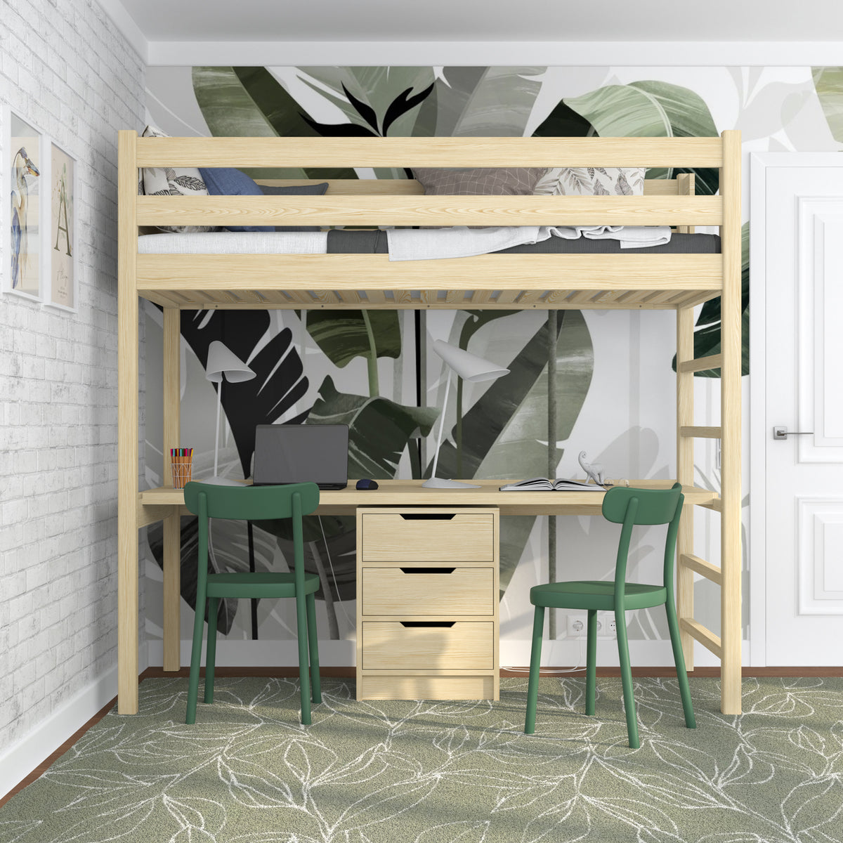 Hochbett Kiefer farblos mit Schreibtisch – Lernen unter dem Schlafbereich, Holz