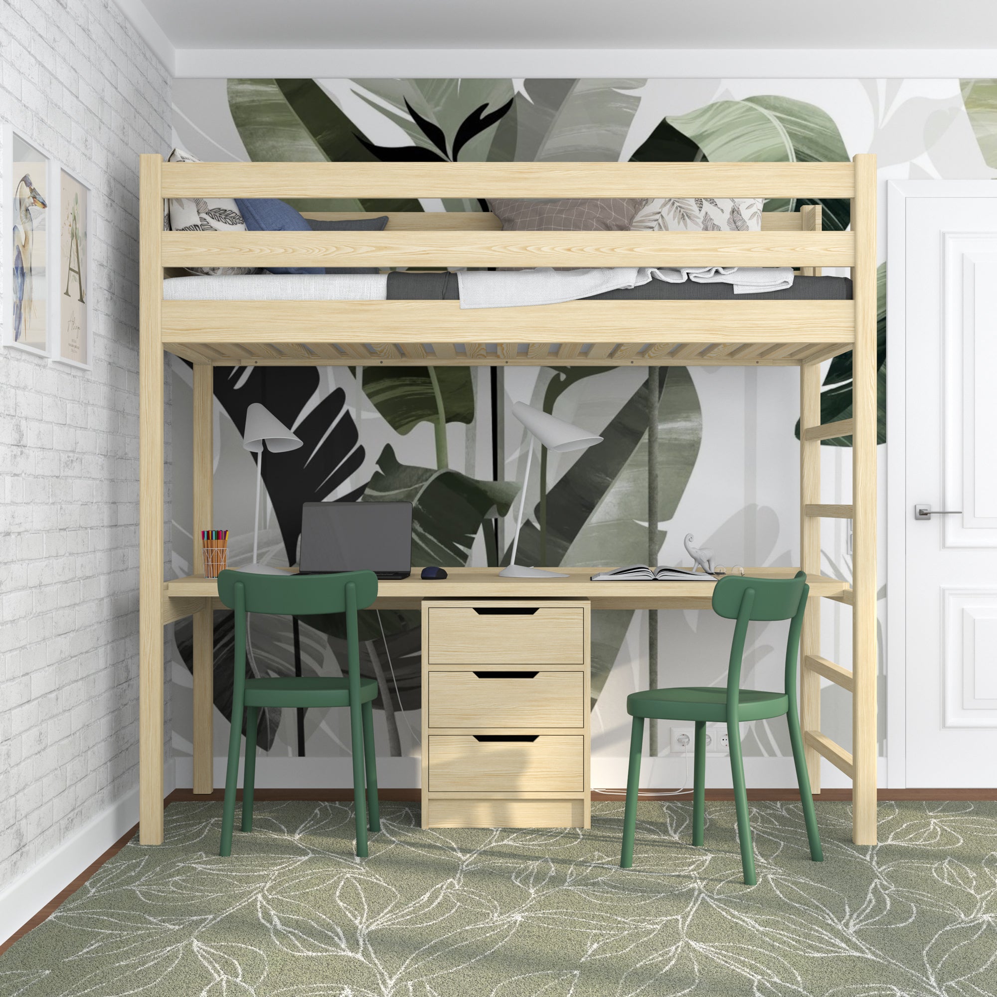 Hochbett Kiefer farblos mit Schreibtisch – Lernen unter dem Schlafbereich, Holz
