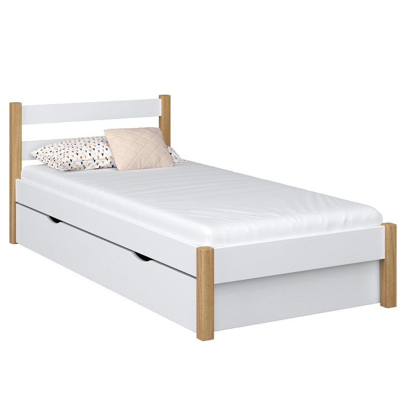 Single bed with drawer wooden white-oak – children’s room, scandi style