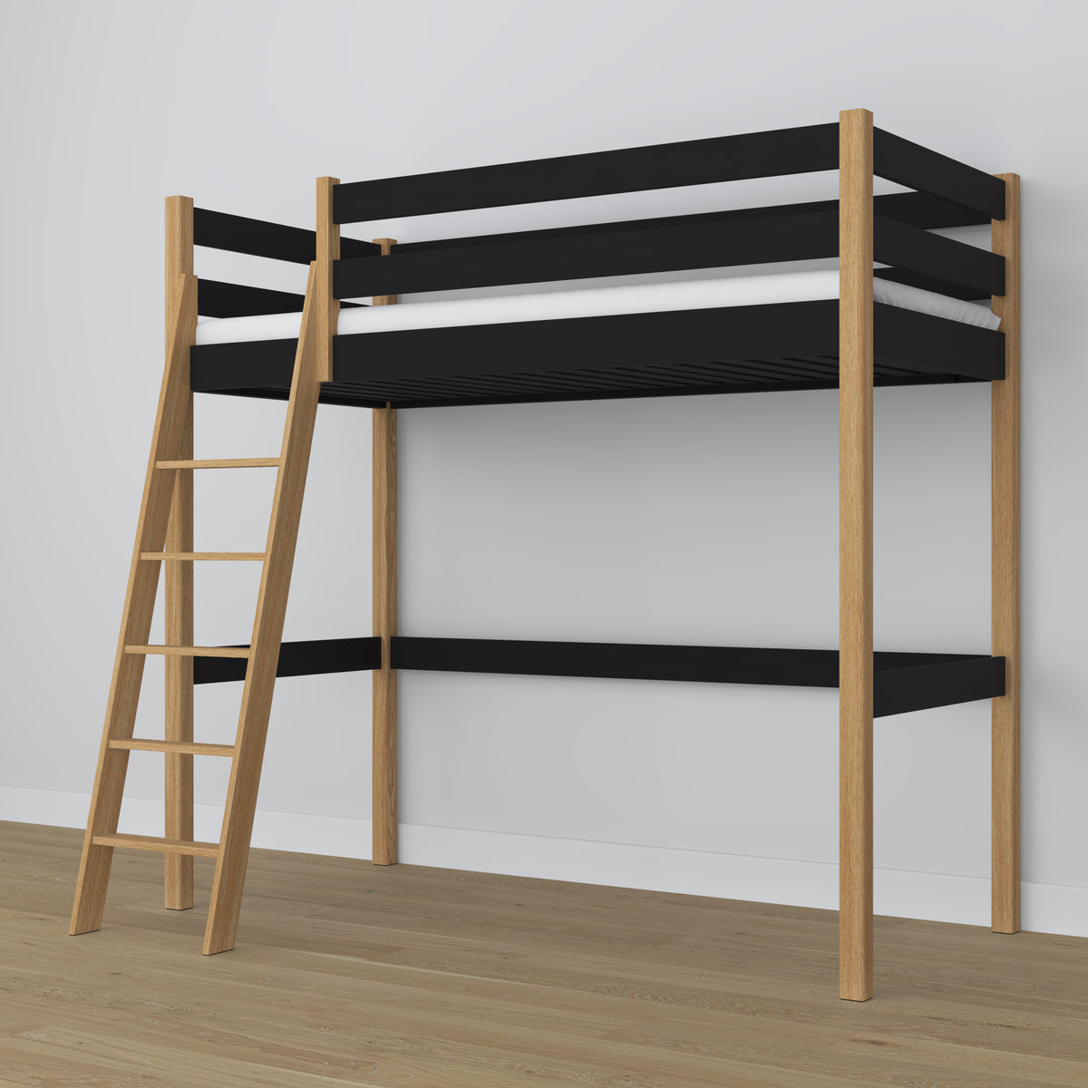 Hochbett aus Holz schwarz-eiche – Rahmen mit Latten, Seitenansicht