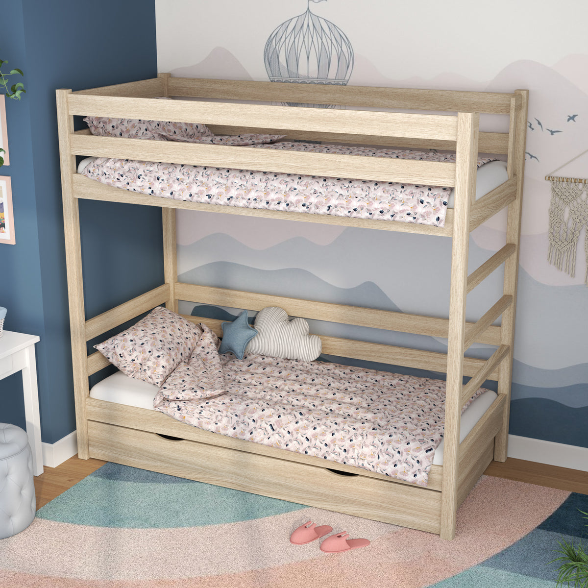 Etagenbett Eiche gebleicht für Kinder – zwei Schlafplätze und Schublade, Eiche