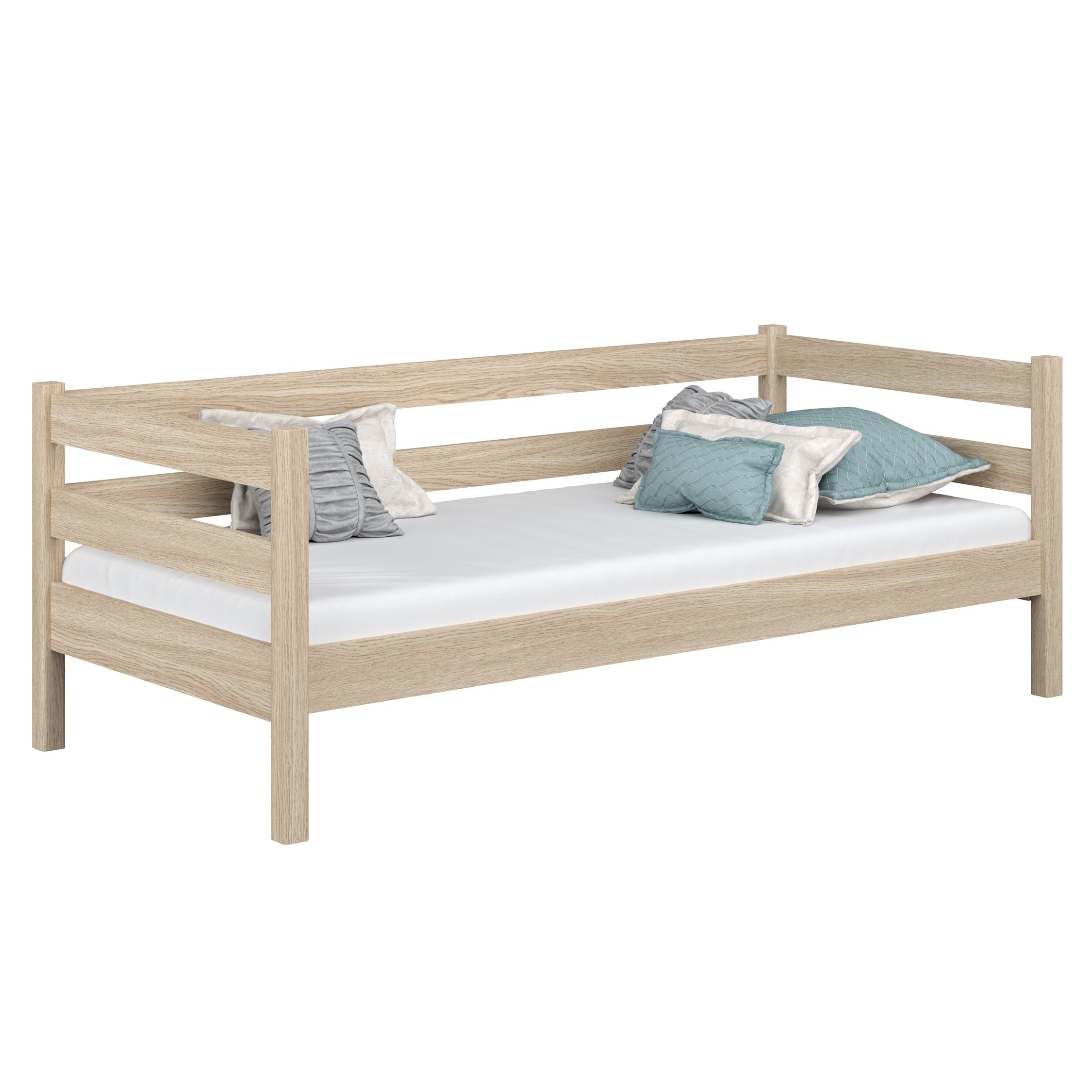 Dębowe łóżko sofa N01 dąb bielony – widok ogólny, lite drewno dębowe