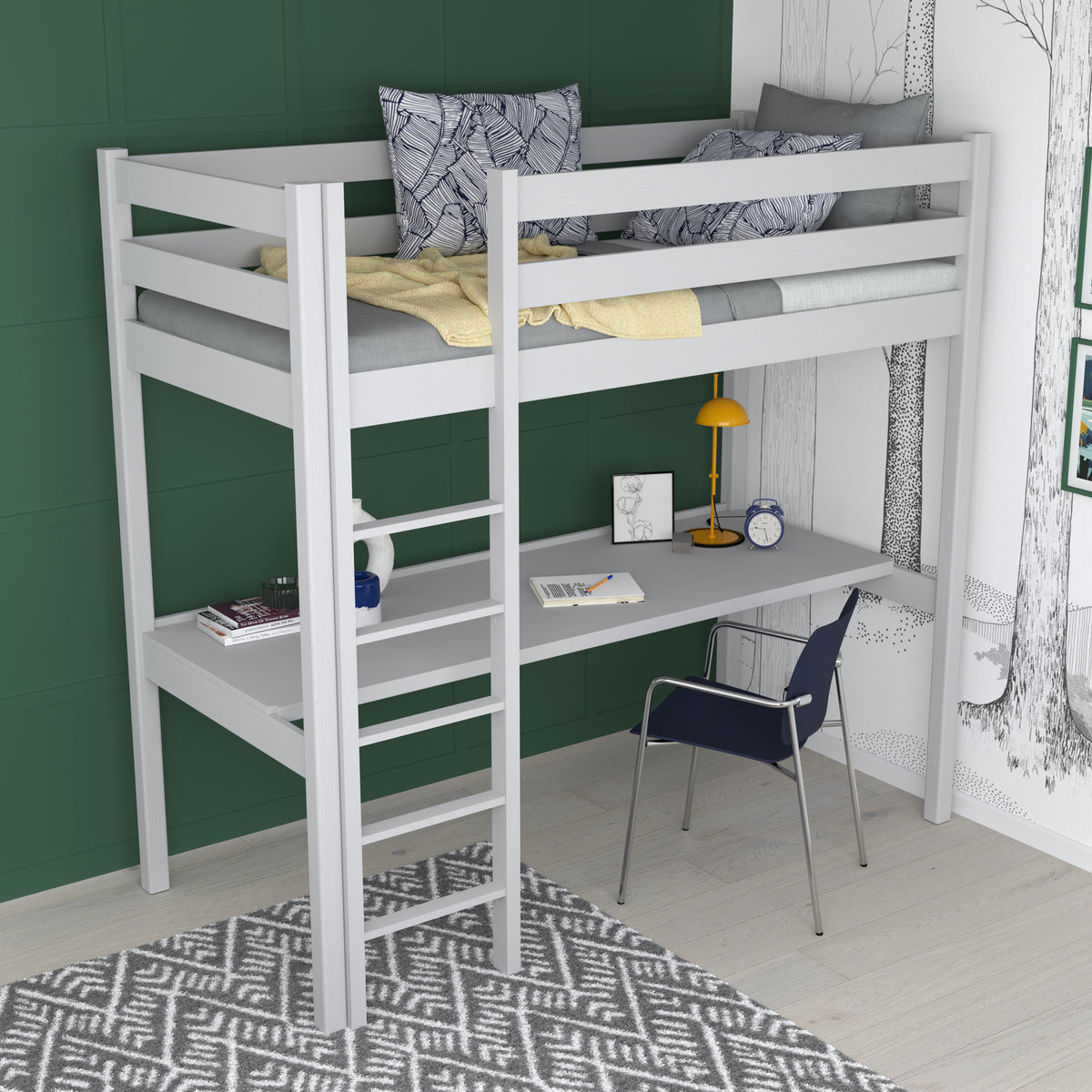 Loft bed grey – wooden desk under the sleeping area, scandi children’s room