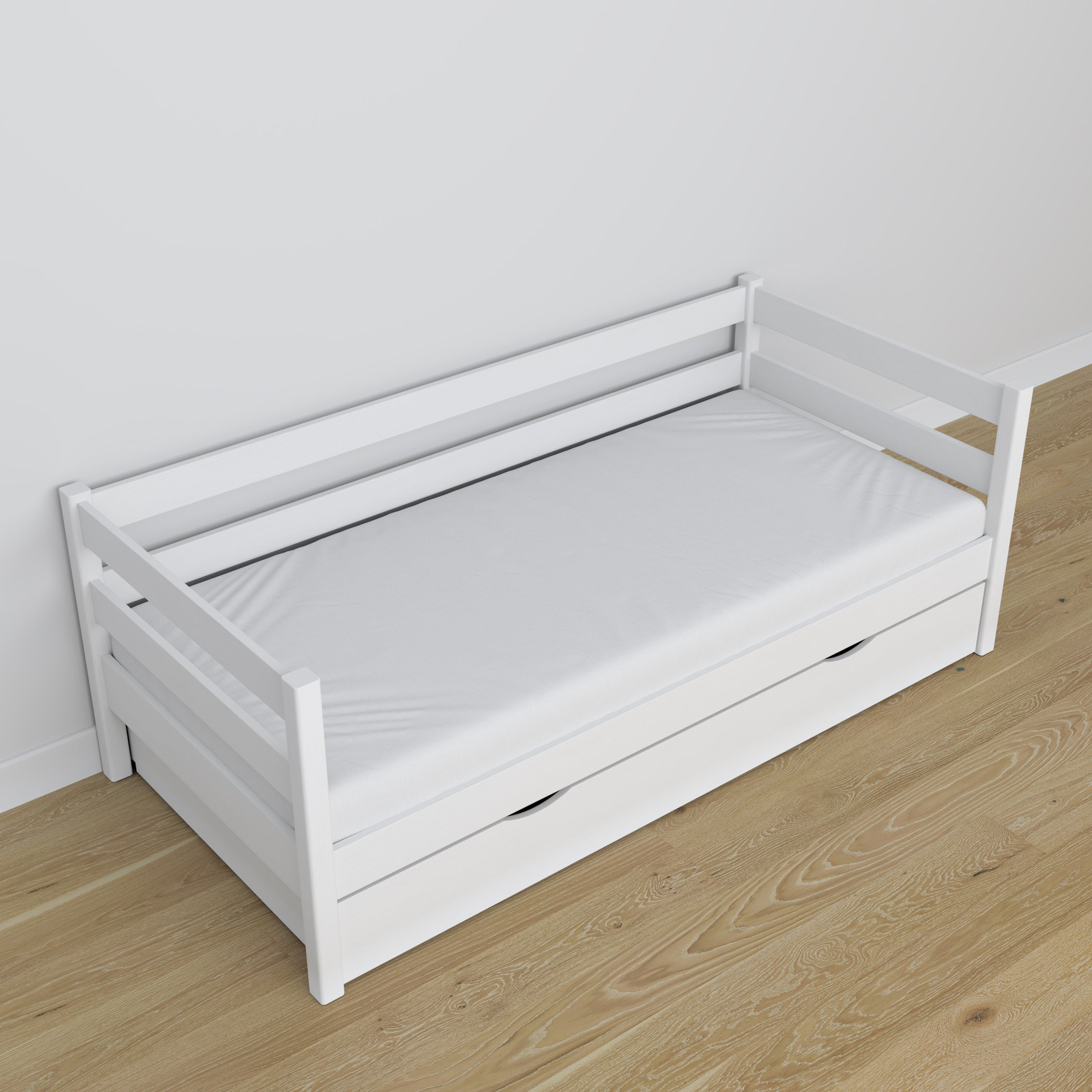 Łóżko sofa z szufladą N01 biały – widok z innej perspektywy, solidne drewno