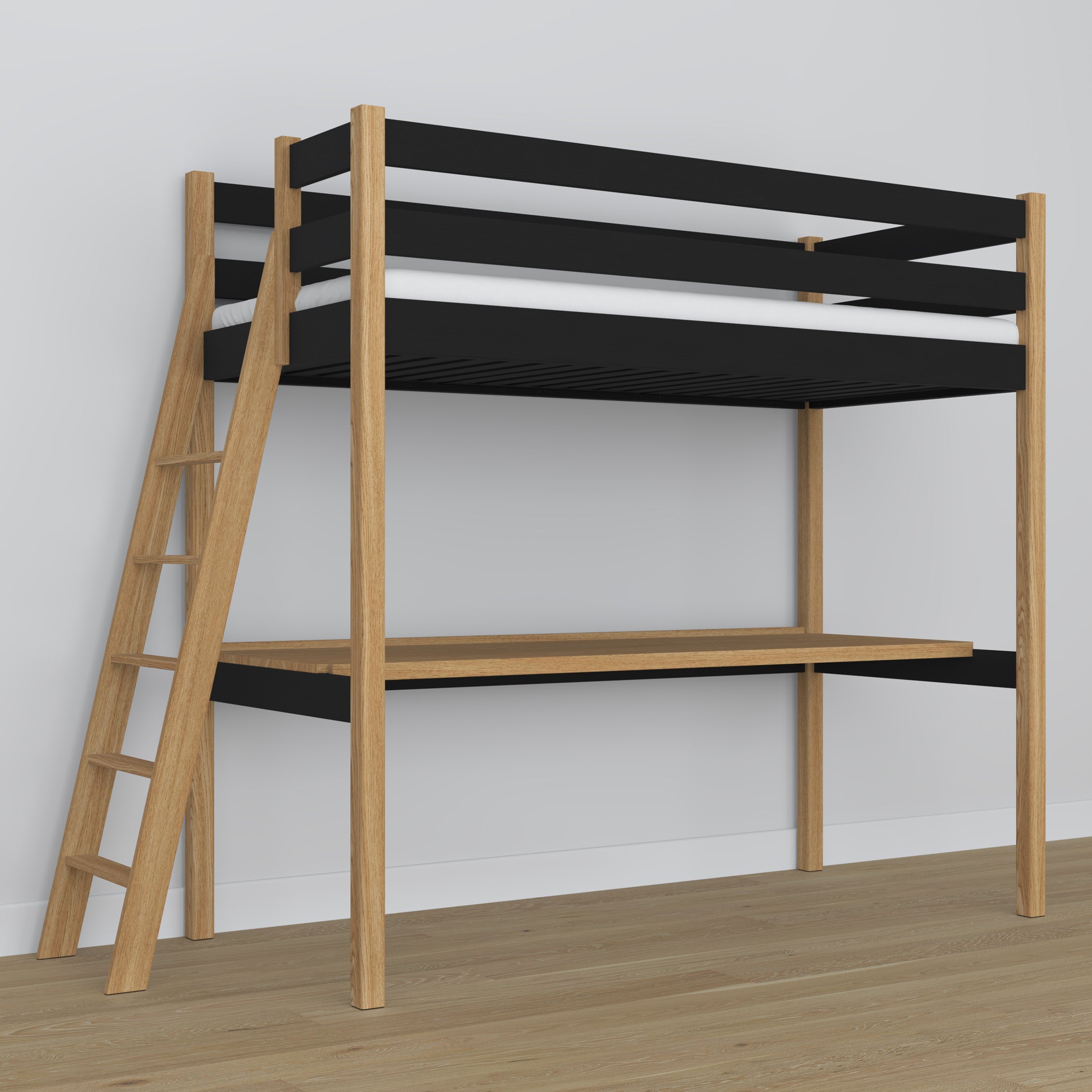 Hochbett mit Schreibtisch Schwarz-Eiche aus Holz – Maße, Nizio Home