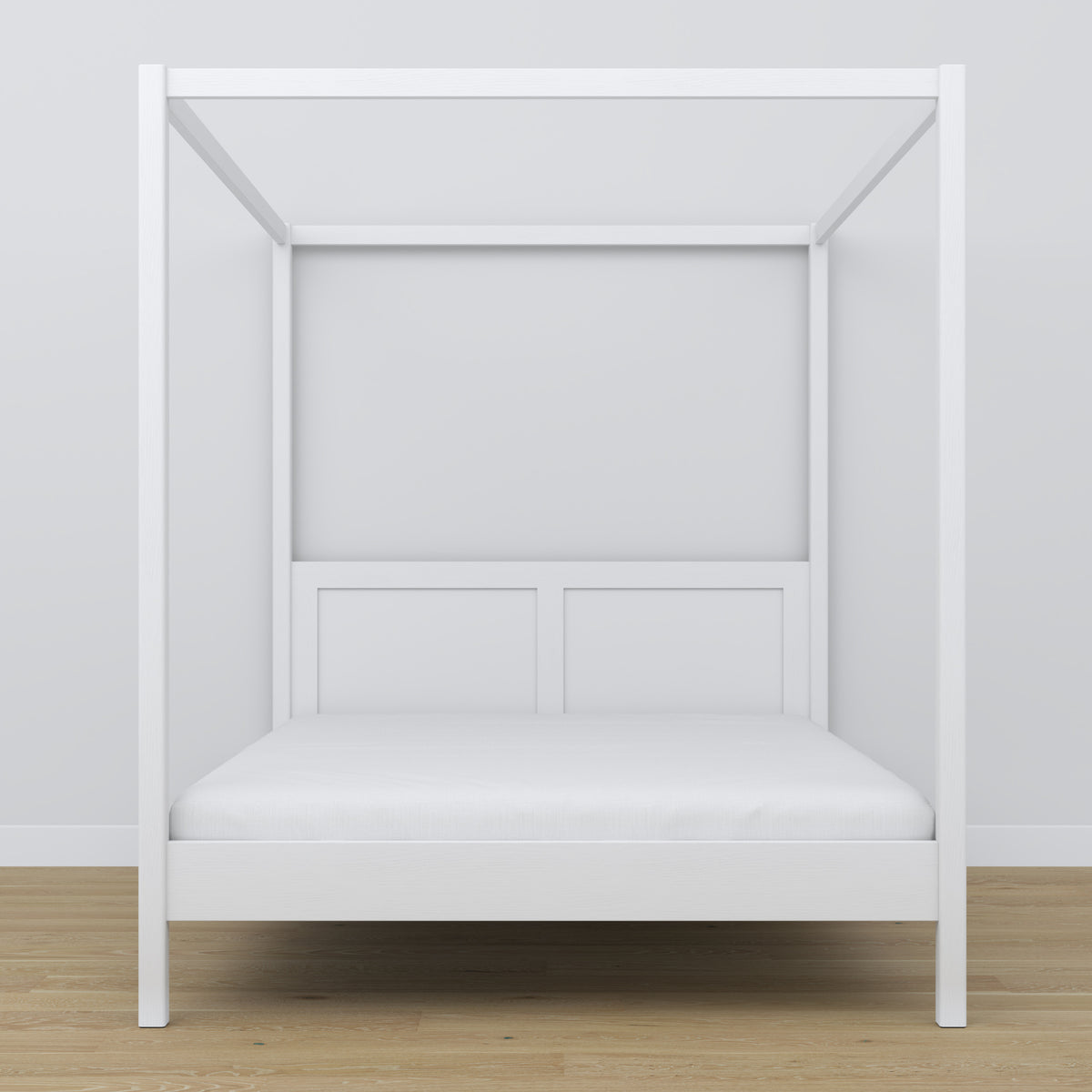Doppelbett mit Baldachin Holz weiß – Kopfteil und Rahmen, Nahaufnahme