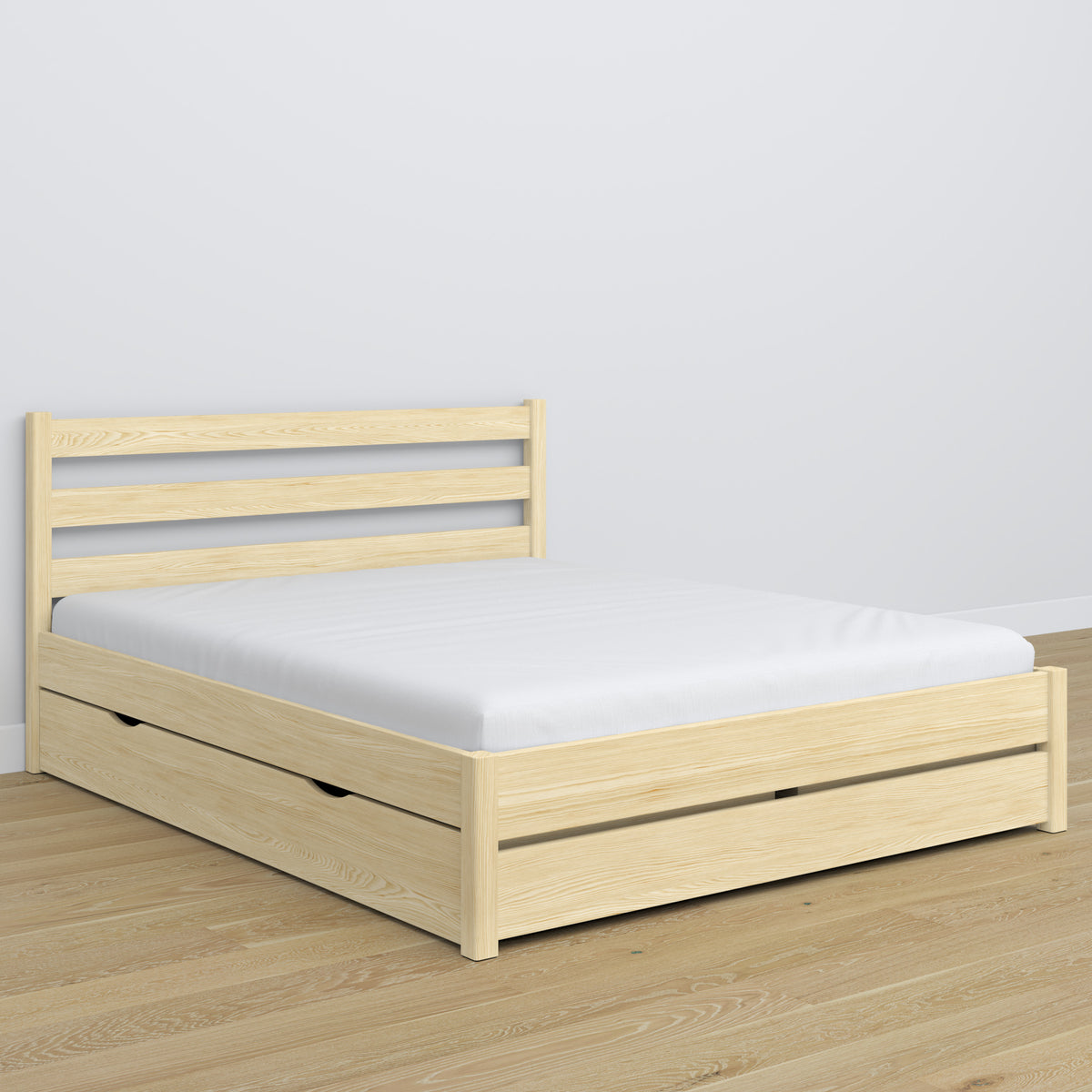 Doppelbett Kiefer farblos mit Schublade – hölzernes Kopfteil, Nahaufnahme