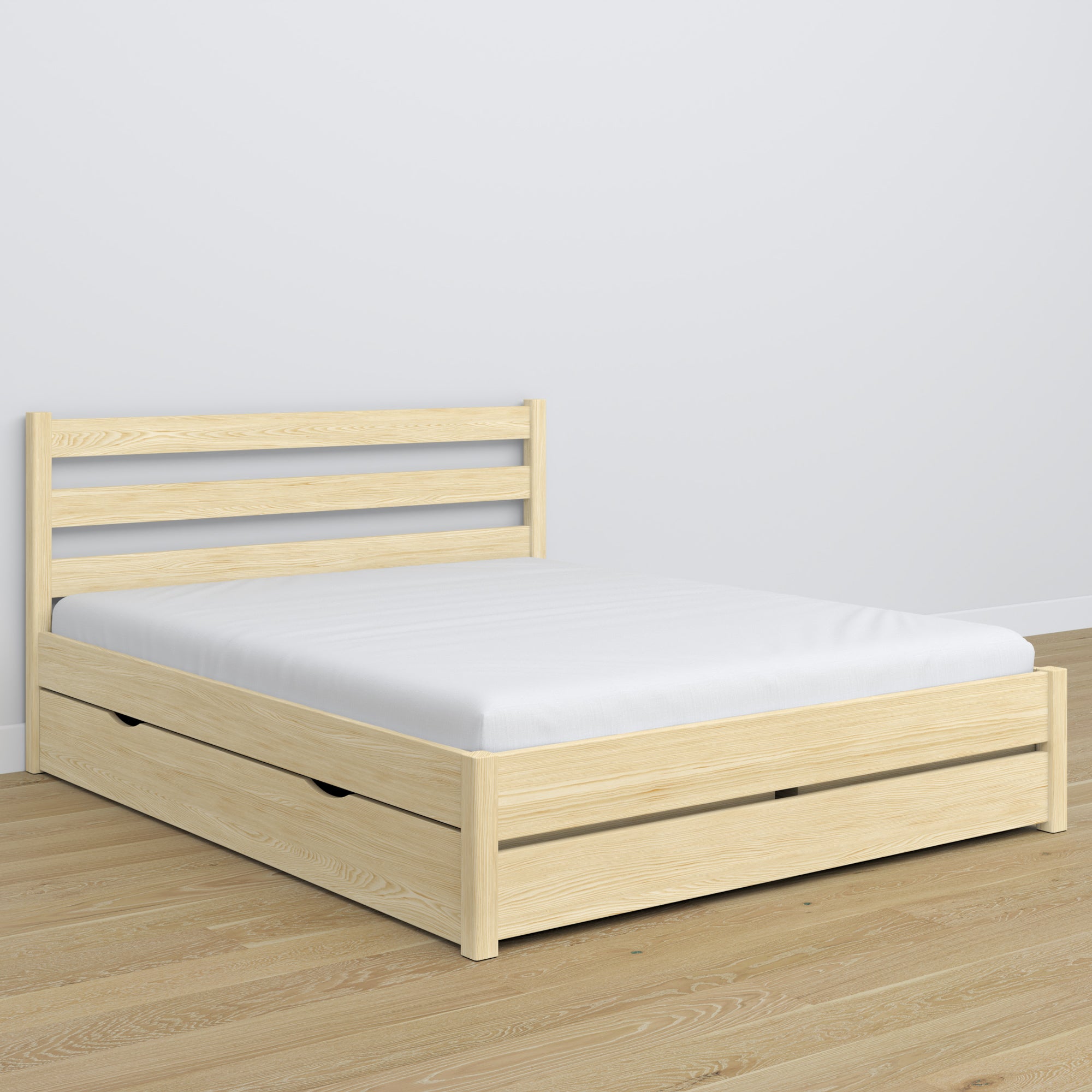 Doppelbett Kiefer farblos mit Schublade – hölzernes Kopfteil, Nahaufnahme