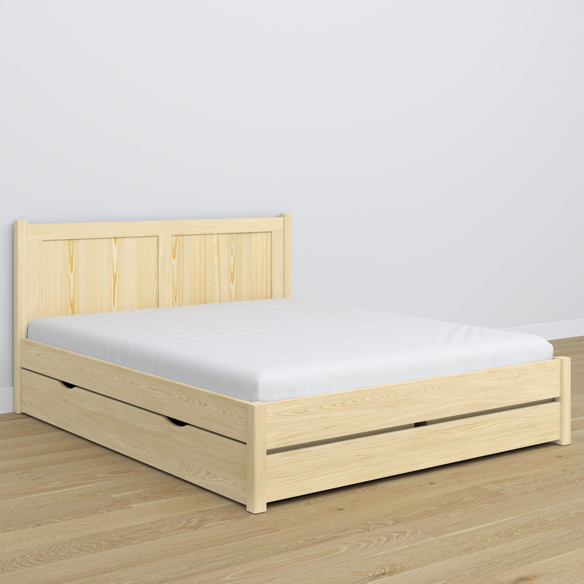 Doppelbett Kiefer farblos mit Schublade – hölzernes Kopfteil, Nahaufnahme