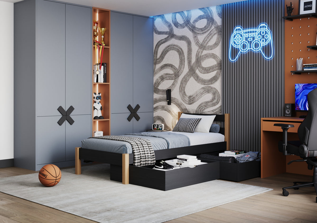 Bett schwarz-eiche mit Schublade – Führungsschienen und Details aus Holz, Nizio