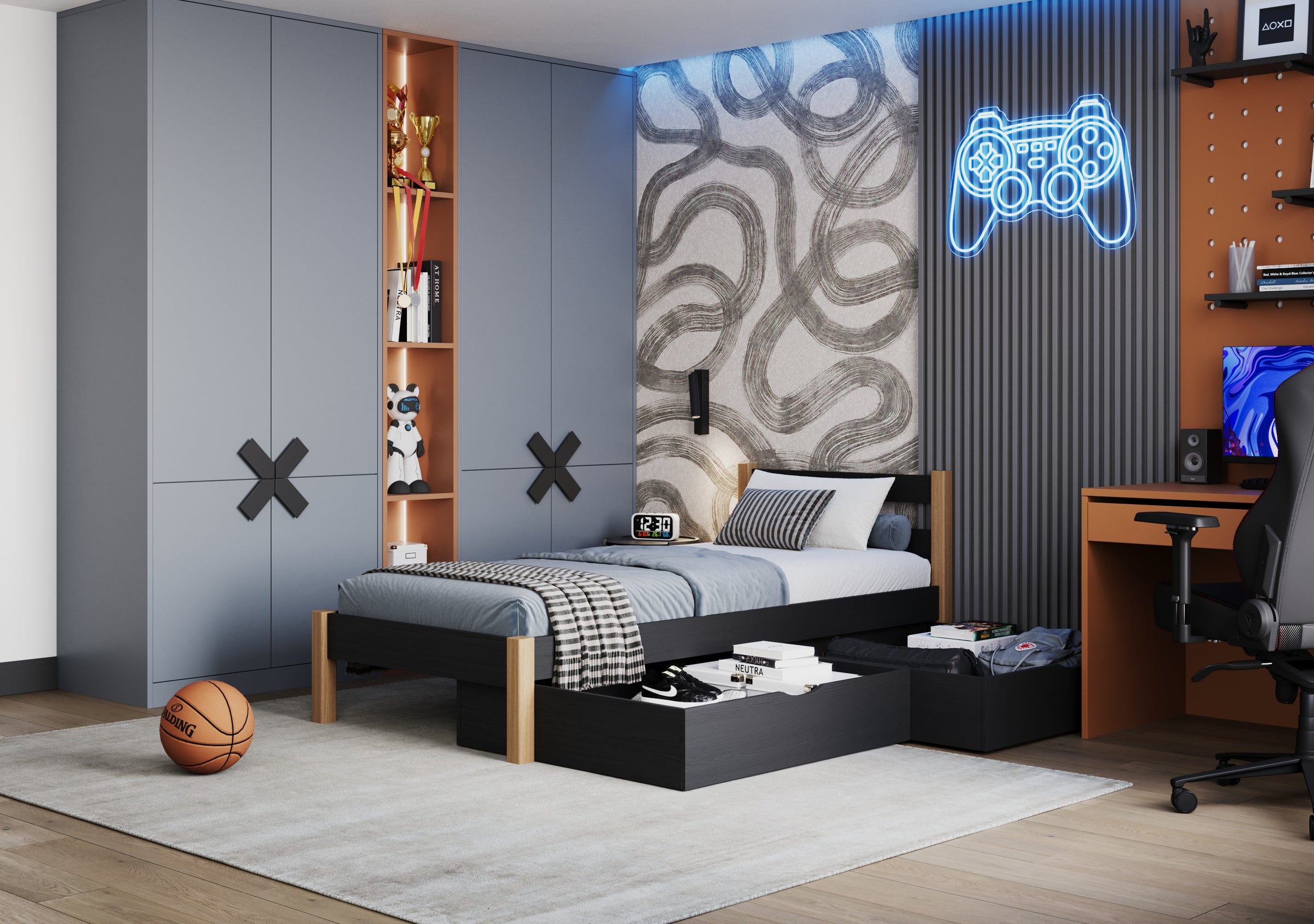 Bett schwarz-eiche mit Schublade – Führungsschienen und Details aus Holz, Nizio
