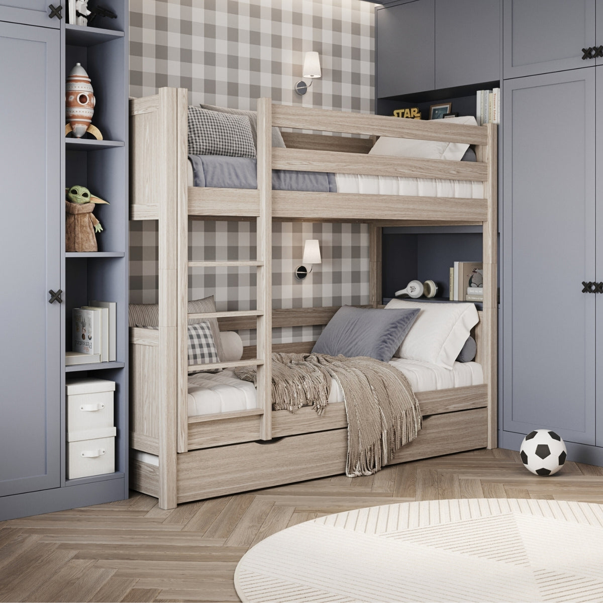 Etagenbett Eiche gebleicht mit Matratzen-Schublade – Schutzgitter, Eiche, Nizio Home
