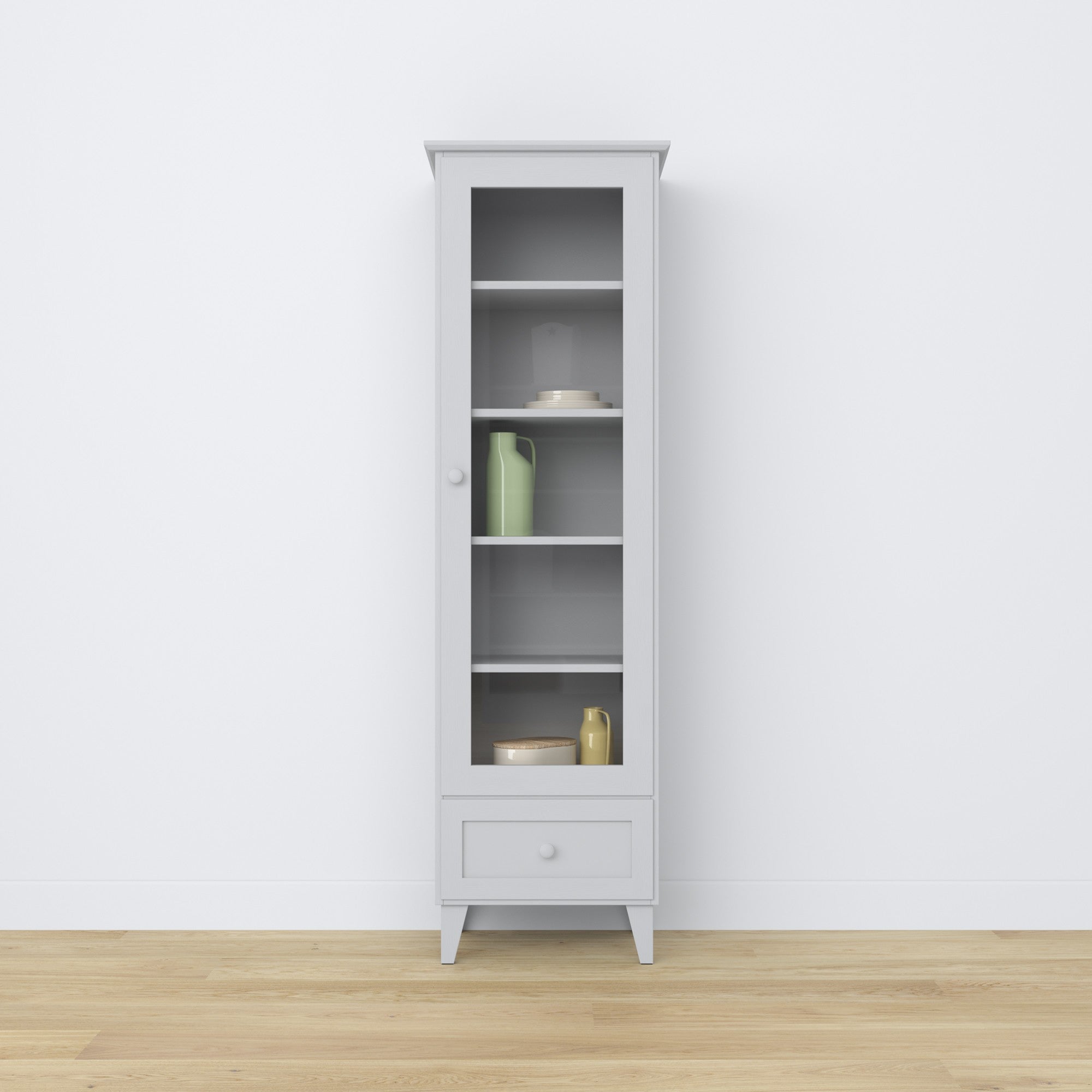 Vitrine mit Schublade Holz grau 57 cm – Wohnzimmer, skandinavischer Stil Nizio