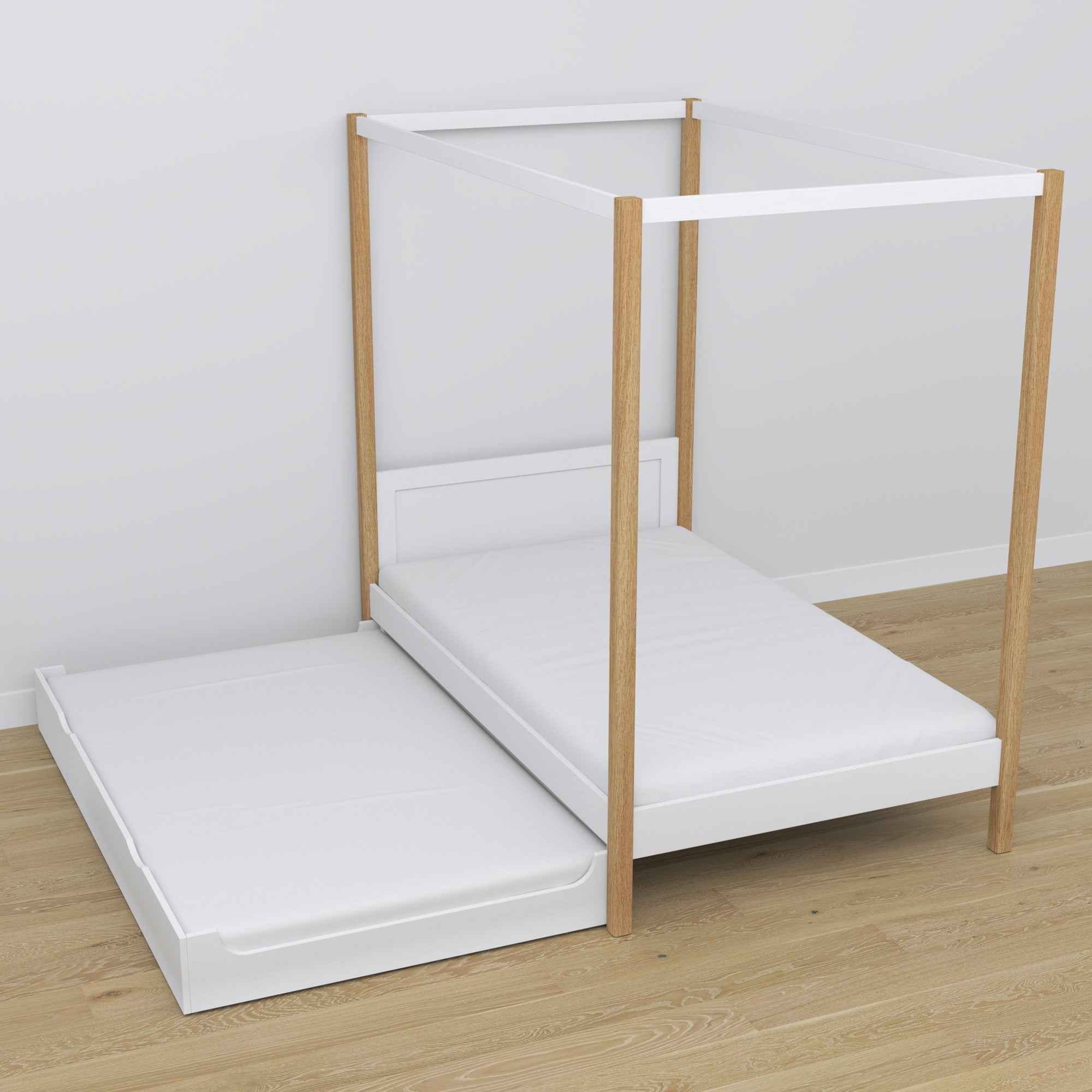 Himmelbett aus Holz, Weiß-Eiche – ausgezogene Schublade, Gästeschlafplatz
