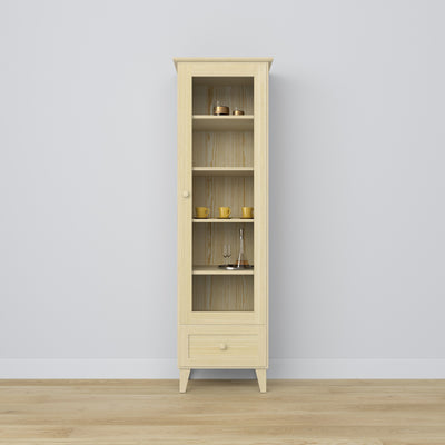Vitrine mit Schublade Kiefer natur farblos 57 cm – Wohnzimmer, skandinavischer Stil Nizio