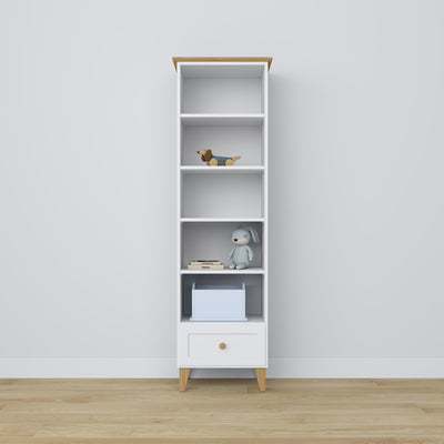 Regal mit Schublade Holz weiß mit Eiche 57 cm – Wohnzimmer und Arbeitszimmer, skandinavischer Stil