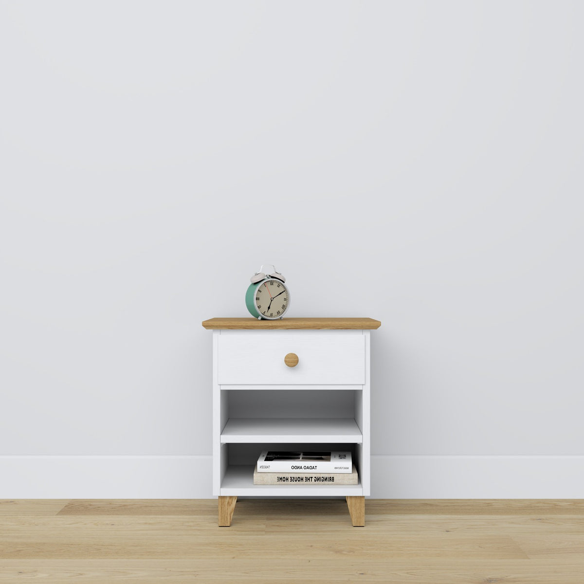 Nachttisch mit Schublade N02 Holz Weiß mit Eiche – Schlafzimmer, skandinavischer Stil