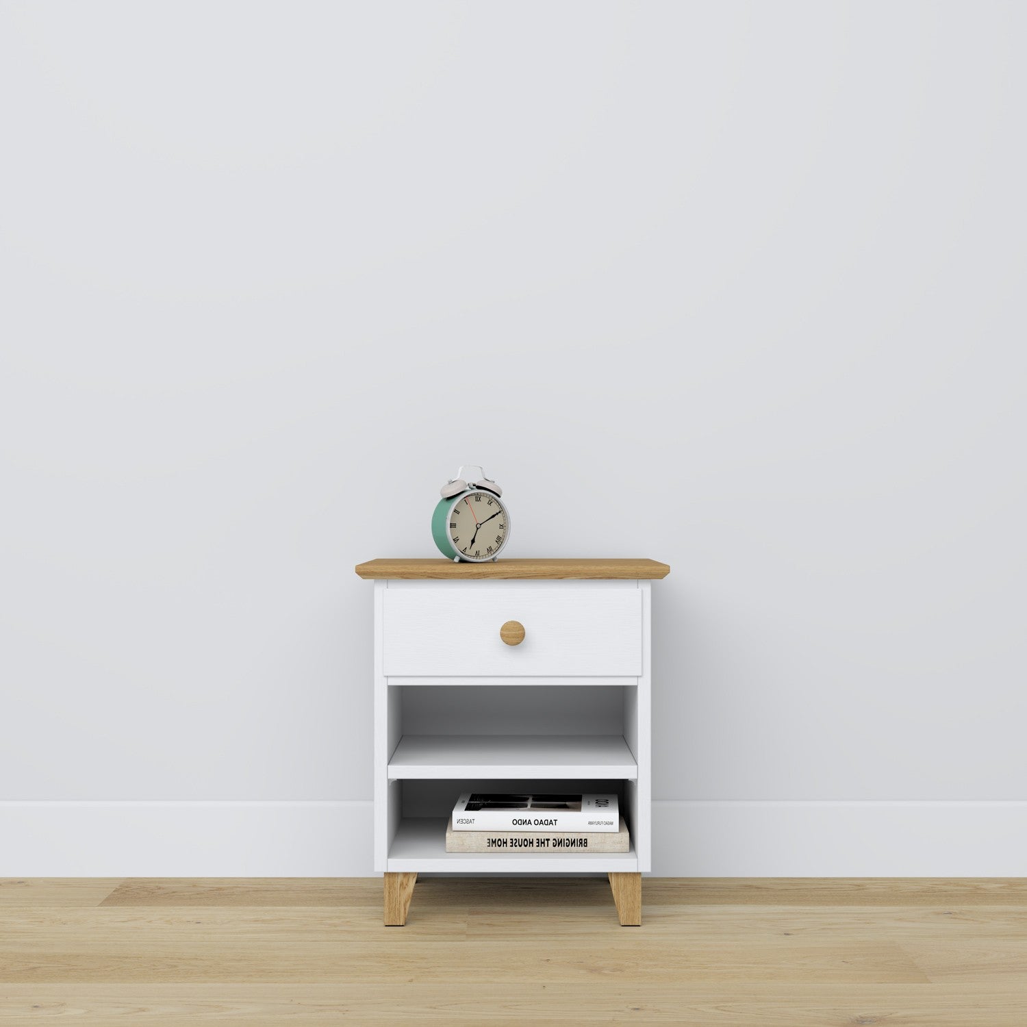 Nachttisch mit Schublade N02 Holz Weiß mit Eiche – Schlafzimmer, skandinavischer Stil