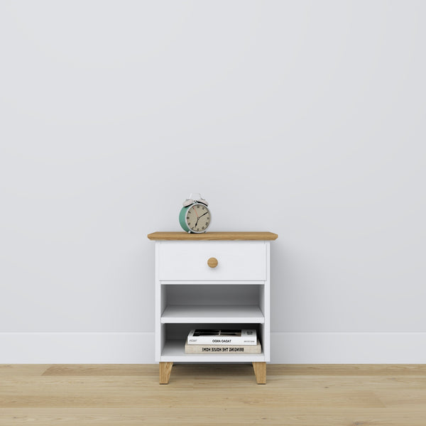 Wooden bedside table 1S N02 Scandi white / natural oak