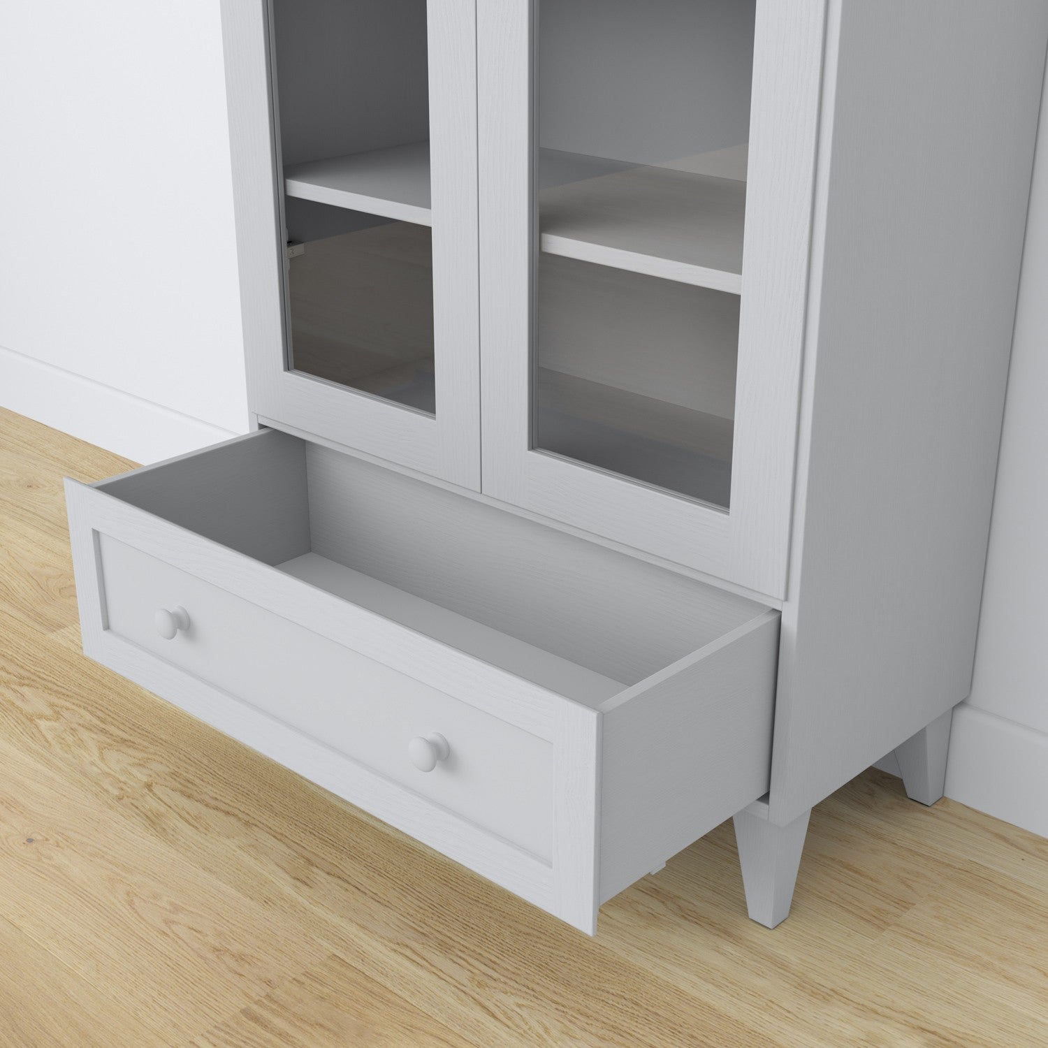 Vitrine 1S 90 Aschgrau – Glastüren, Scharniere, Holz, Nizio