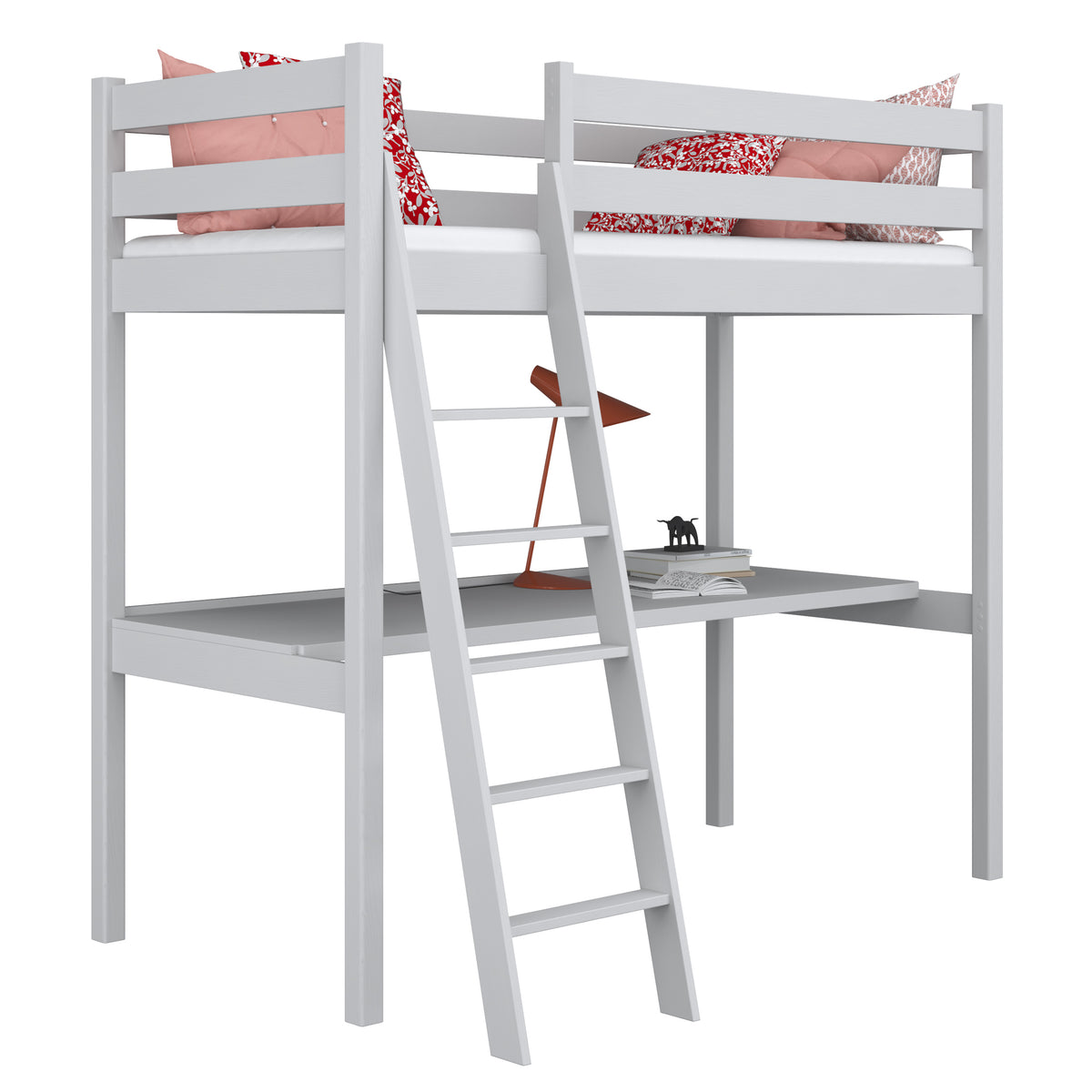 Loft bed grey with desk – study space under the sleeping area, wooden