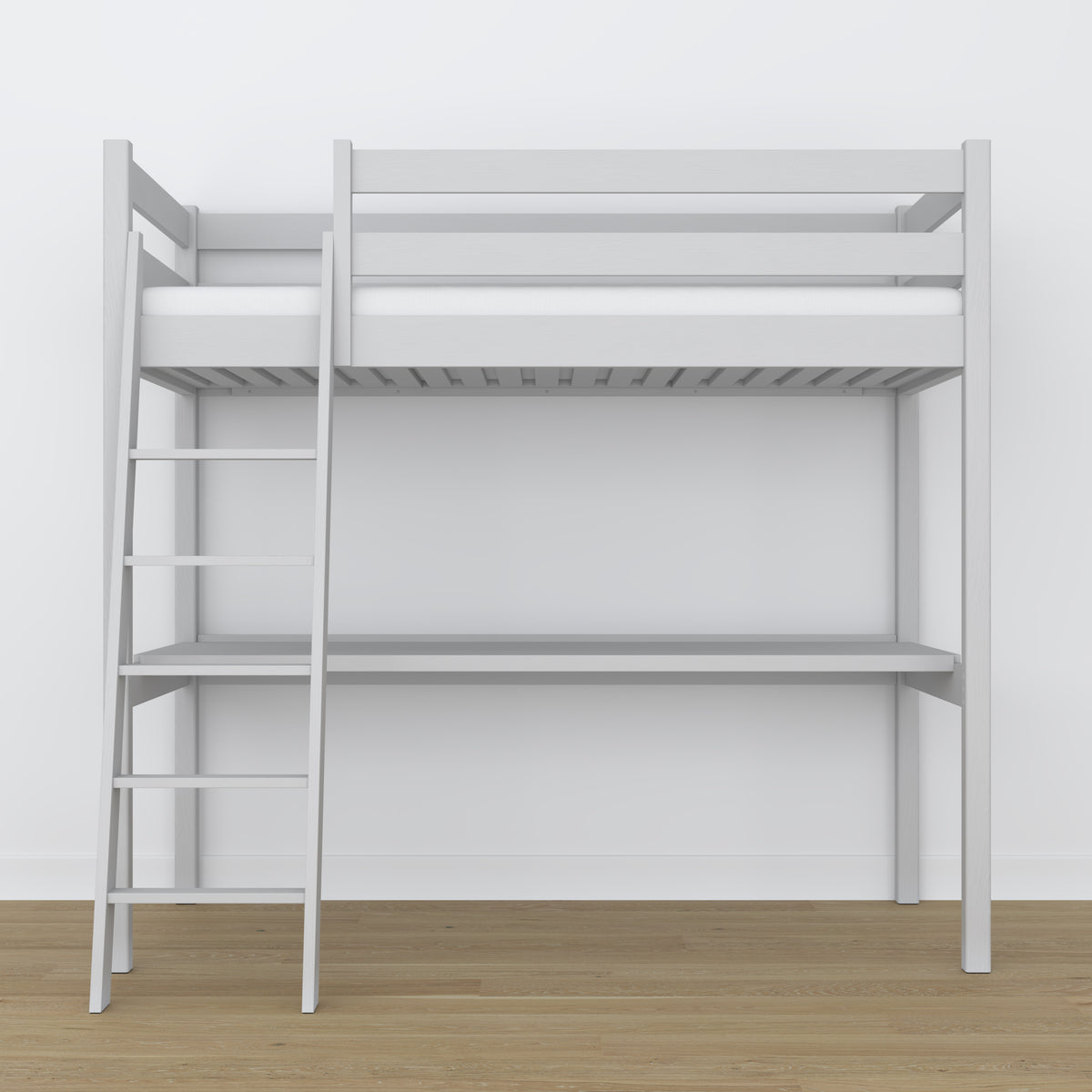Loft bed grey wooden – top view of the sleeping area, Nizio