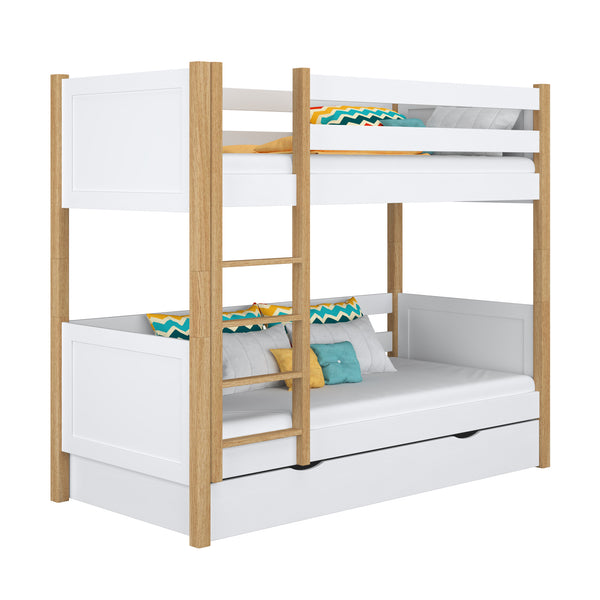 Etagenbett mit Schublade Holz Weiß-Eiche – Kinderzimmer, Massivholz, scandi