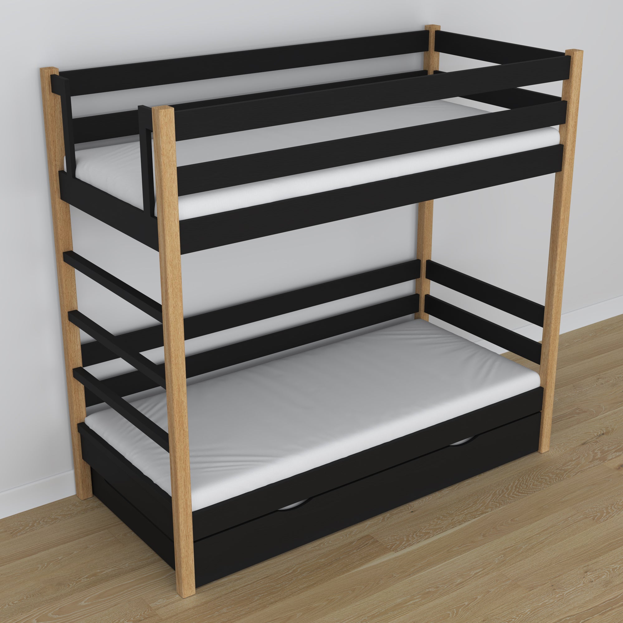 Holz-Etagenbett schwarz-eiche – Inneres der Matratzen-Schublade, Kinderzimmer