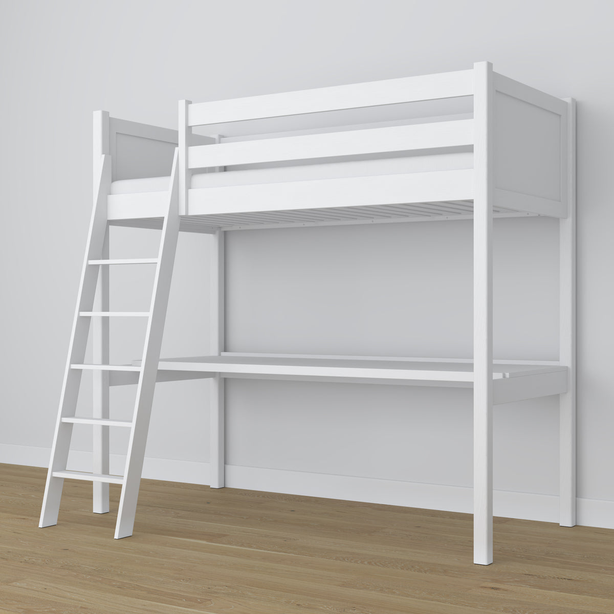 White Wooden Loft Bed with Desk – Ladder and Safety Rail