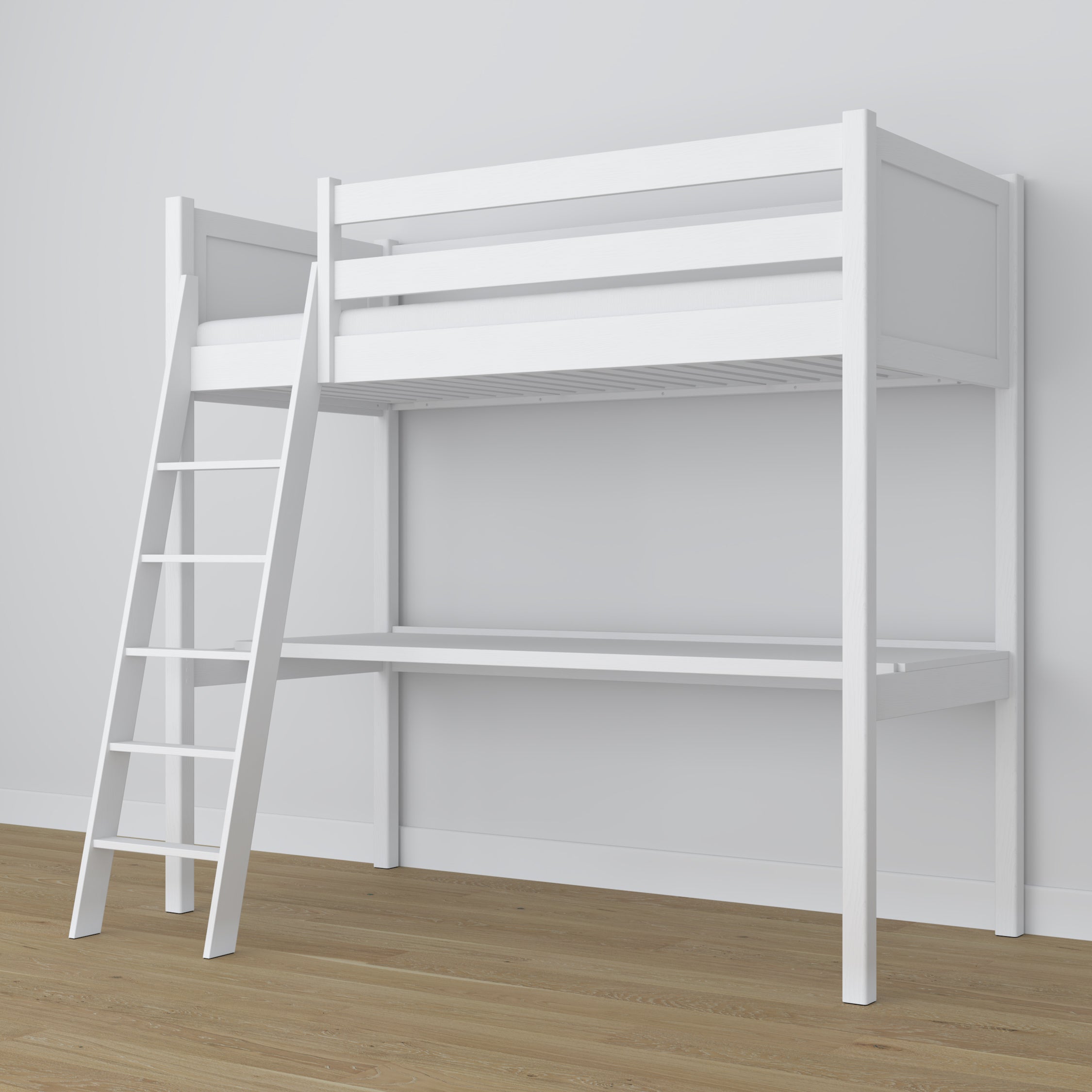 White Wooden Loft Bed with Desk – Ladder and Safety Rail