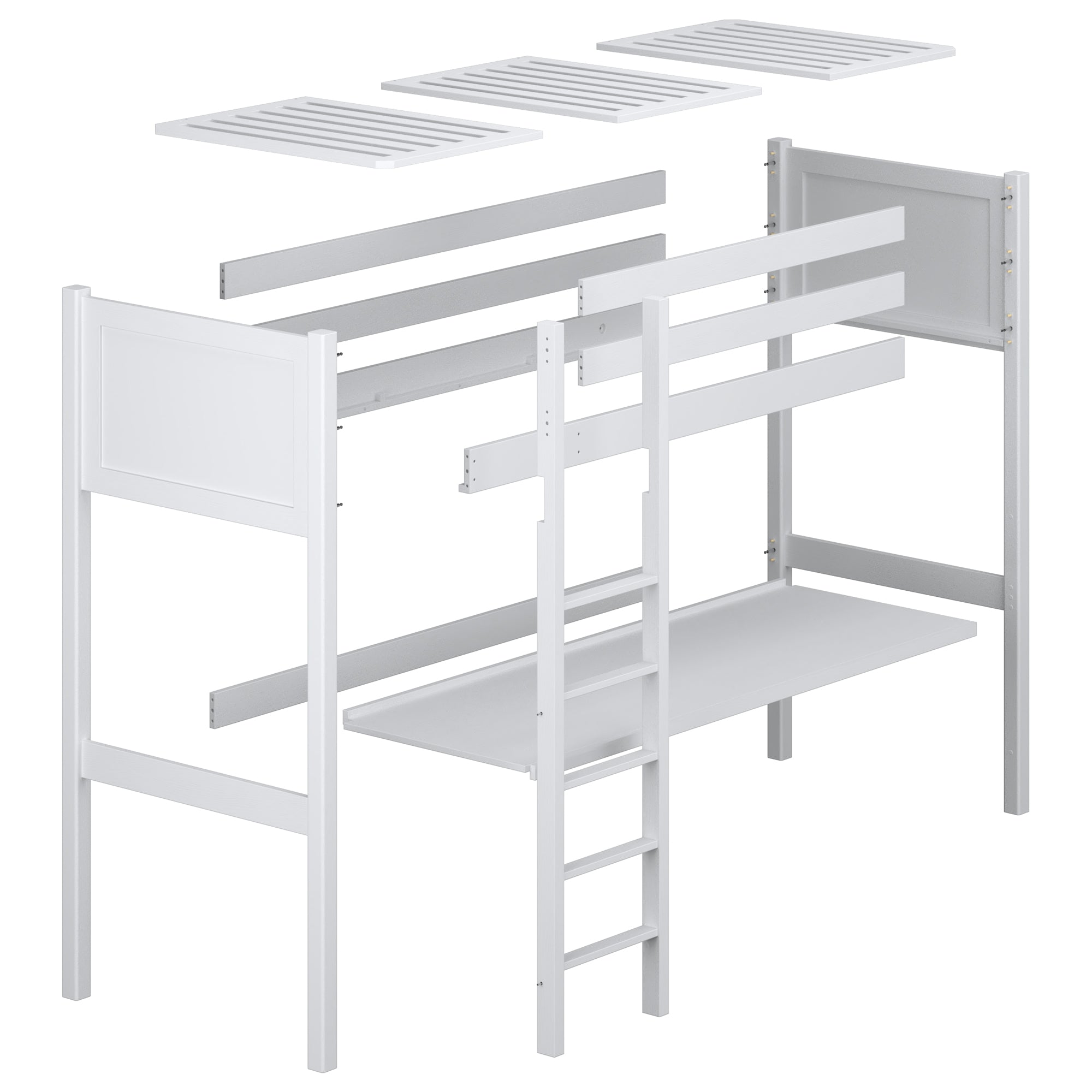 Loft bed white with desk – tabletop and wooden joints, close-up