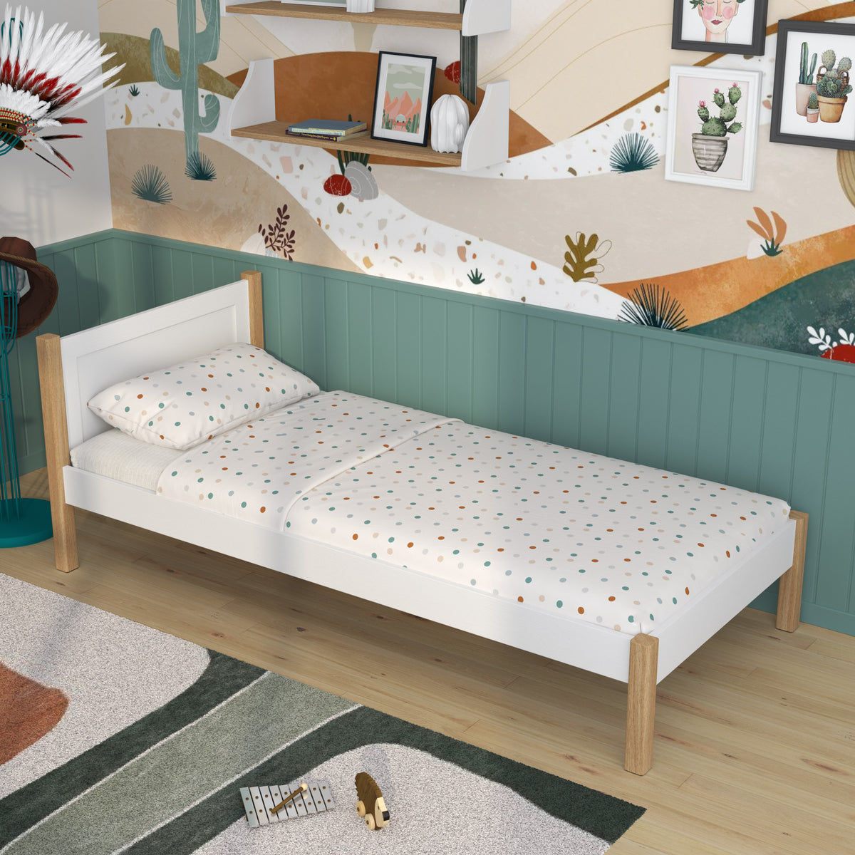 Einzelbett aus Holz weiß-eiche – Seitenansicht, Proportionen des Möbelstücks