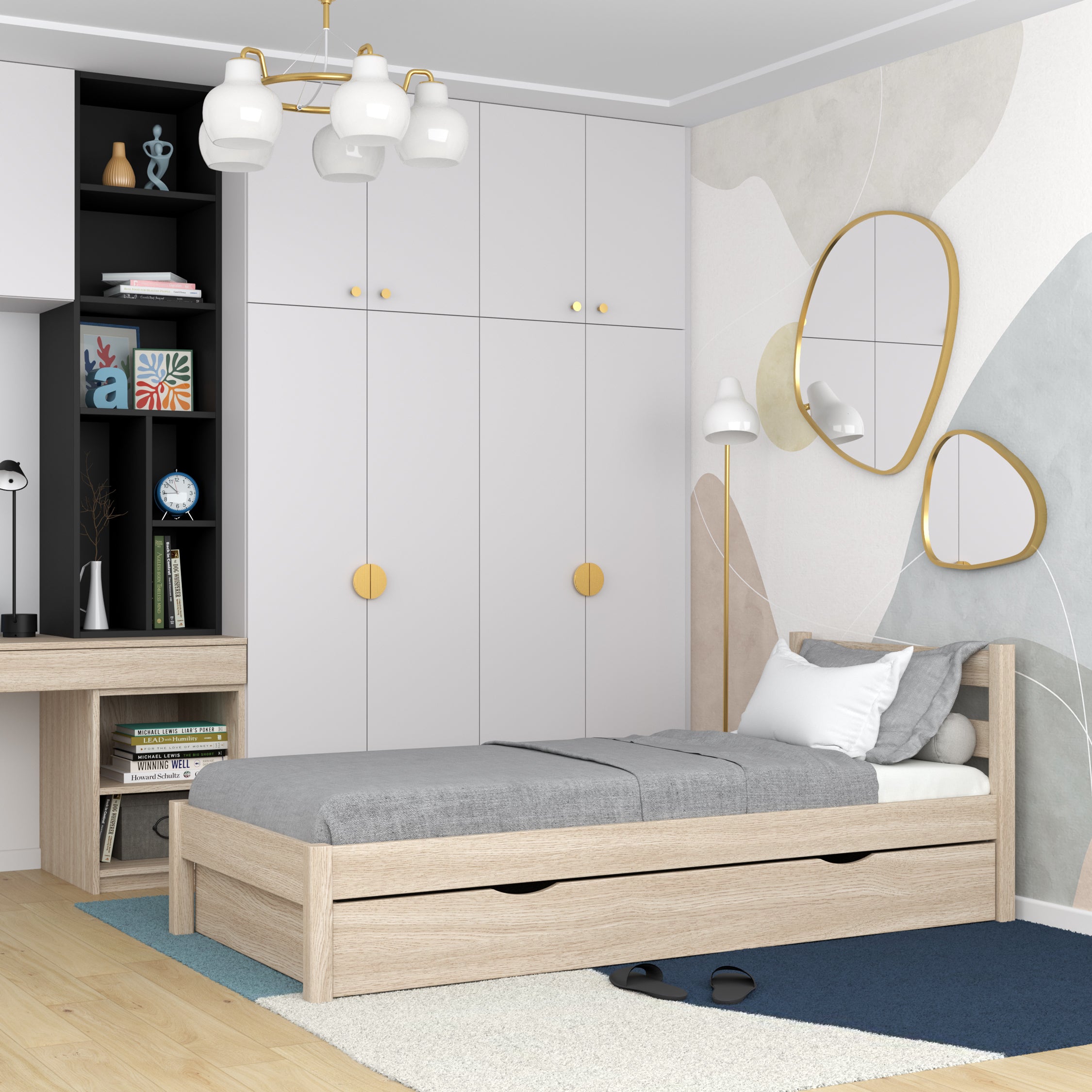 Einzelbett mit Schublade aus Eichenholz Eiche gebleicht – Kinderzimmer, Scandi-Stil