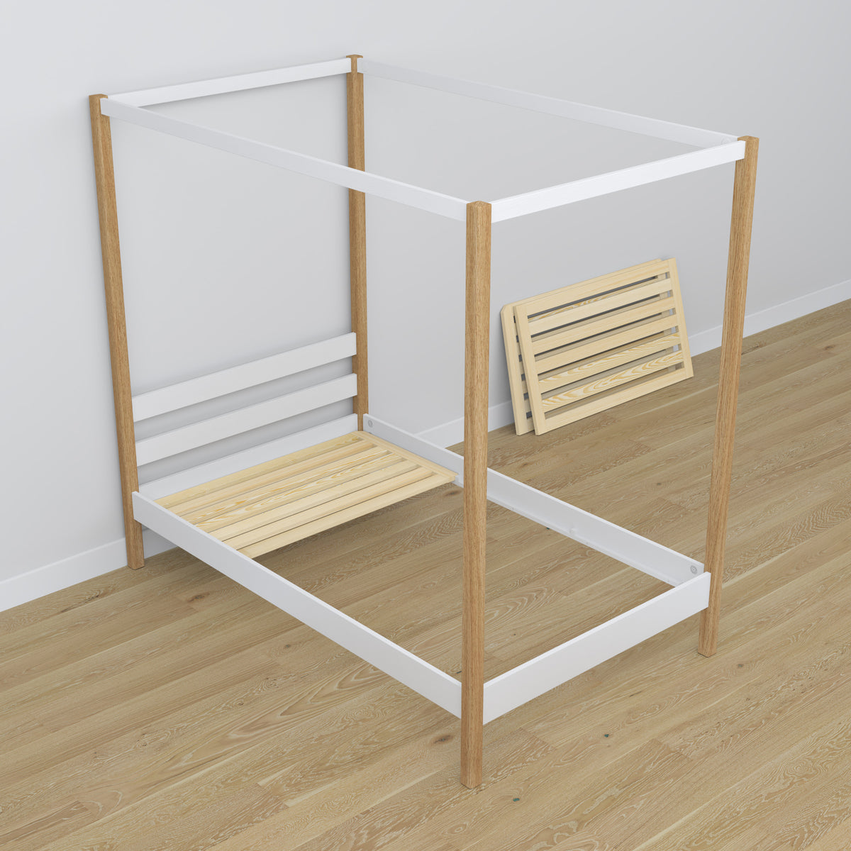 Himmelbett mit Baldachin und Schublade Weiß-Eiche aus Holz – Maße, Nizio