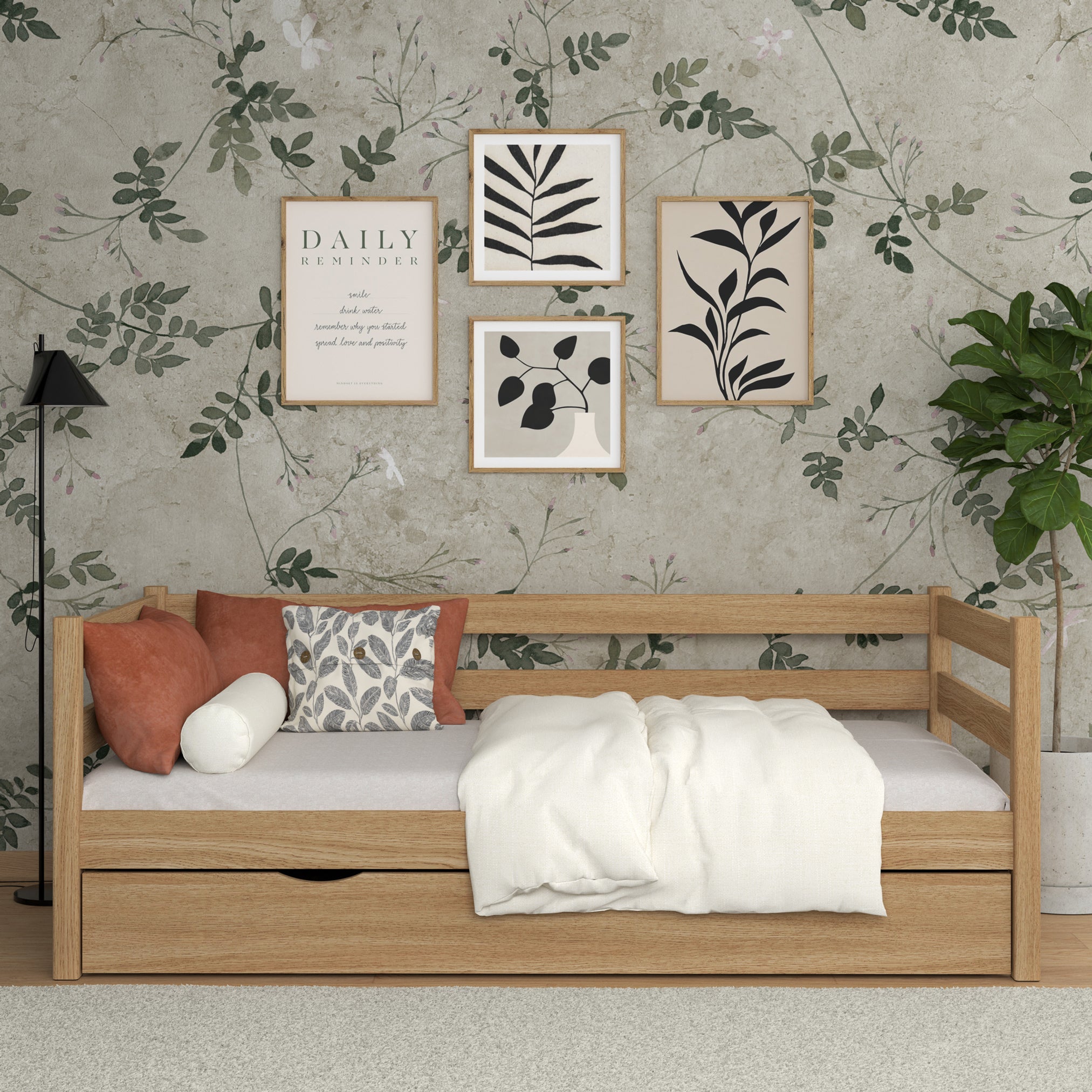 Łóżko sofa z szufladą N01 dąb naturalny – widok z boku, solidna konstrukcja drewniana