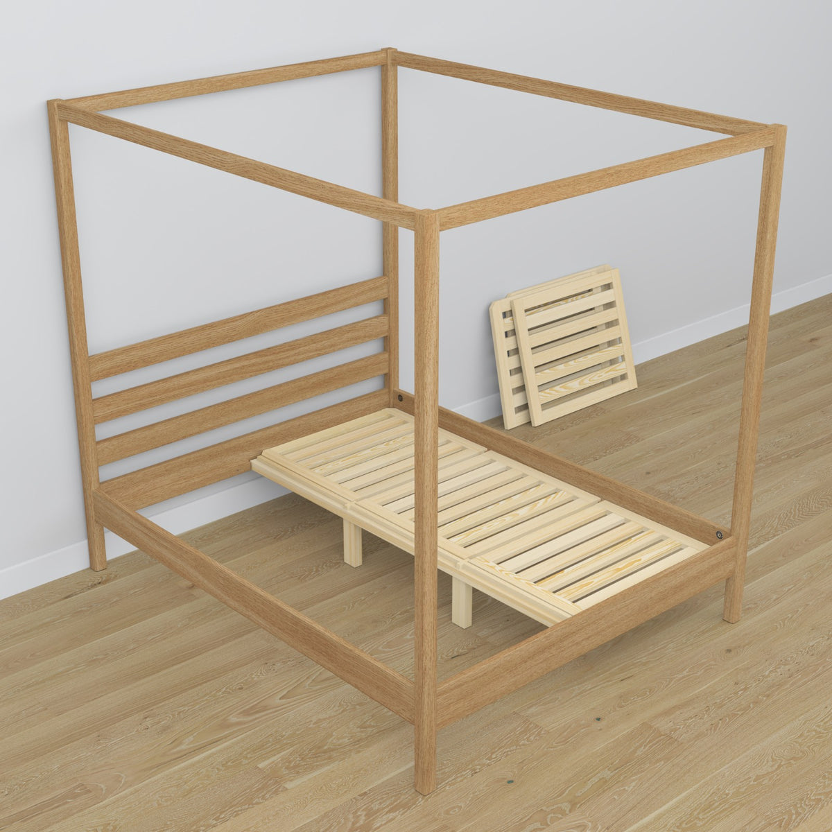 Bett mit Baldachin natürliche Eiche aus Eichenholz – Seitenansicht, Scandi-Stil