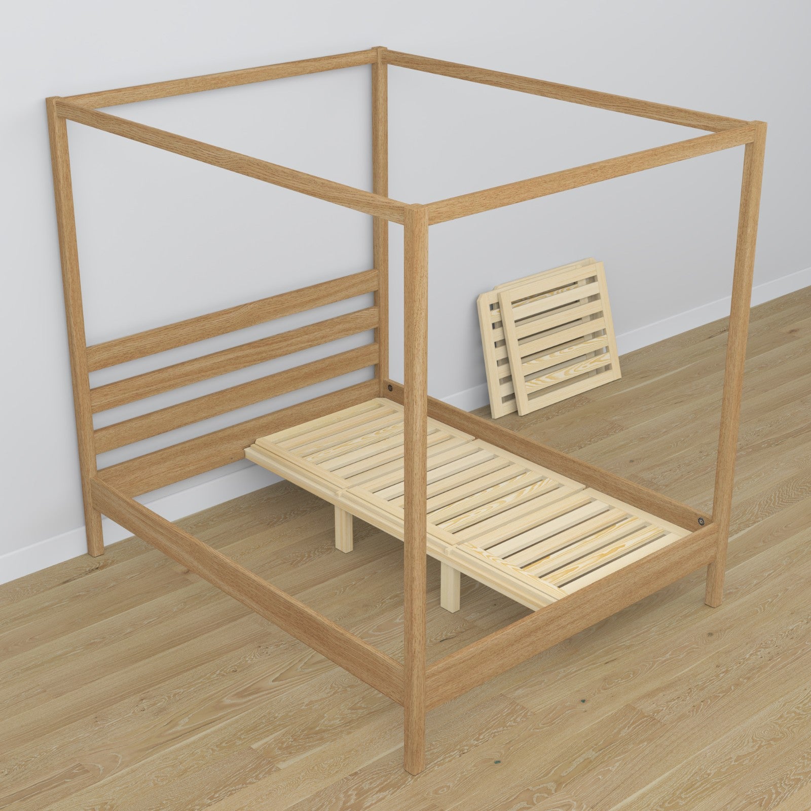 Bett mit Baldachin natürliche Eiche aus Eichenholz – Seitenansicht, Scandi-Stil