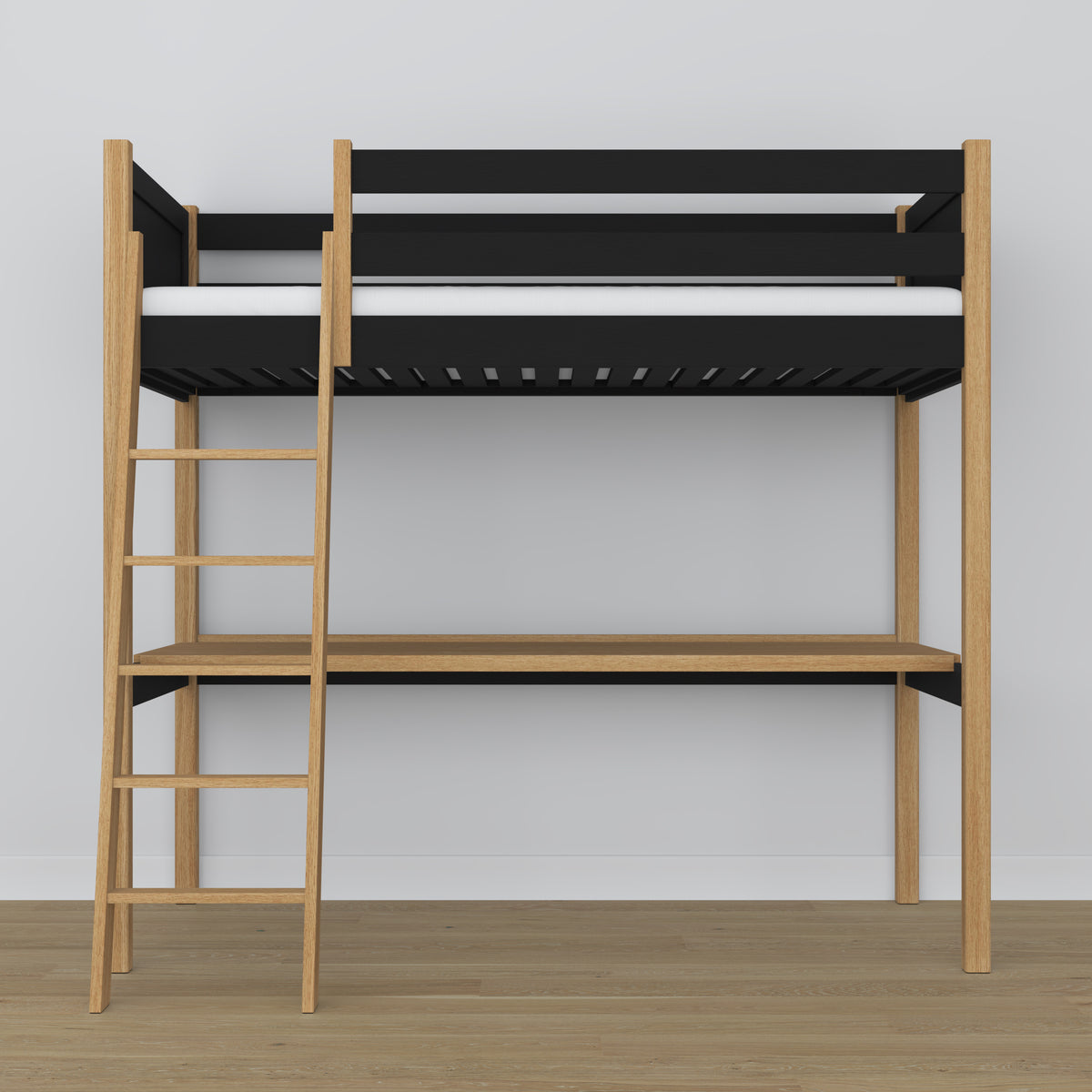 Hochbett schwarz-eiche mit Schreibtisch – Lernen unter dem Schlafbereich, aus Holz
