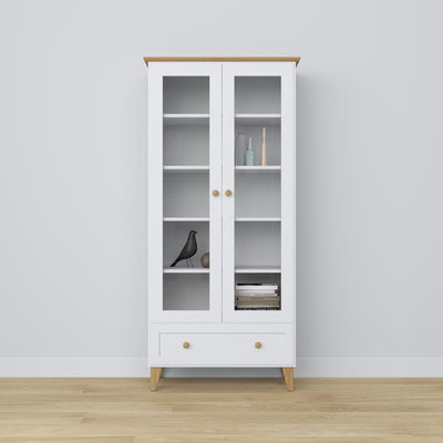Vitrine mit Schublade Holz weiß mit Eiche 90 cm – Wohnzimmer, skandinavischer Stil Nizio