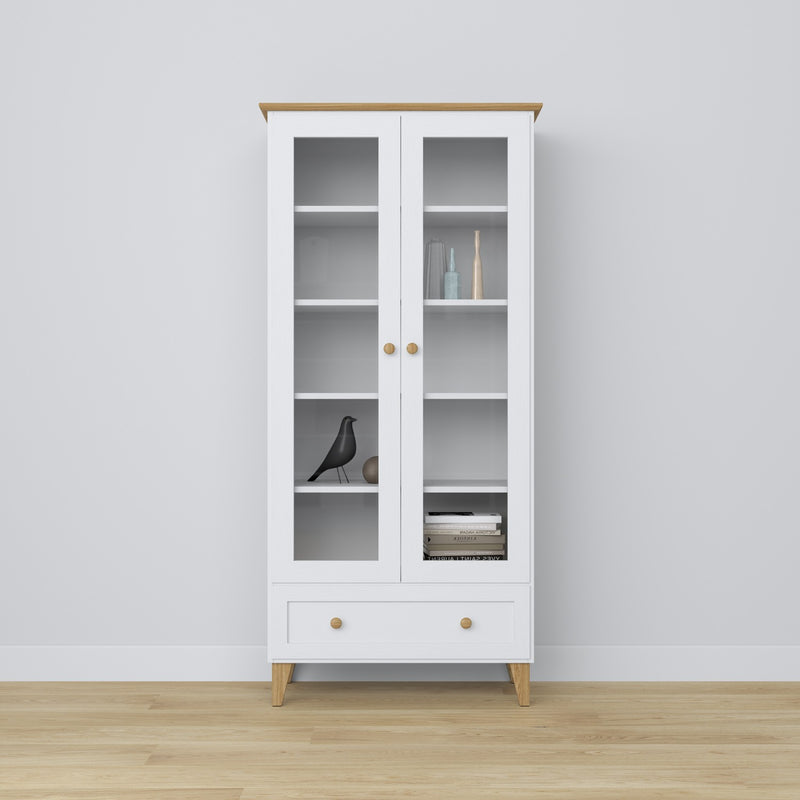 Vitrine mit Schublade Holz weiß mit Eiche 90 cm – Wohnzimmer, skandinavischer Stil Nizio