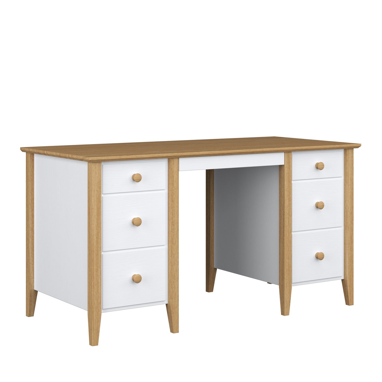 Schreibtisch 6S weiß mit Eiche aus Holz – Seitenansicht, Tischplattentiefe
